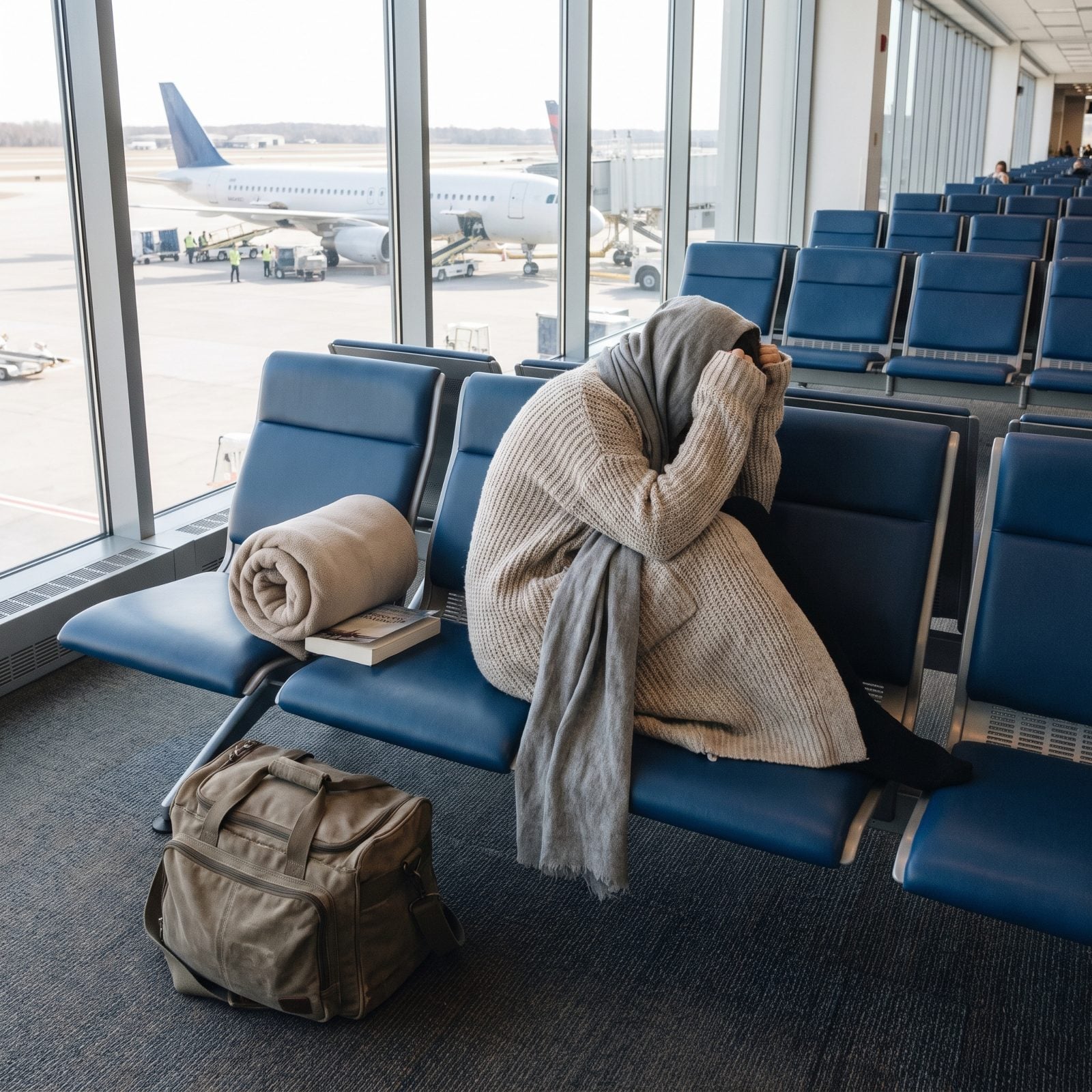 Airport gate seat with a distant traveler in a large oatmeal cardigan and scarf, a travel pillow and paperback nearby.