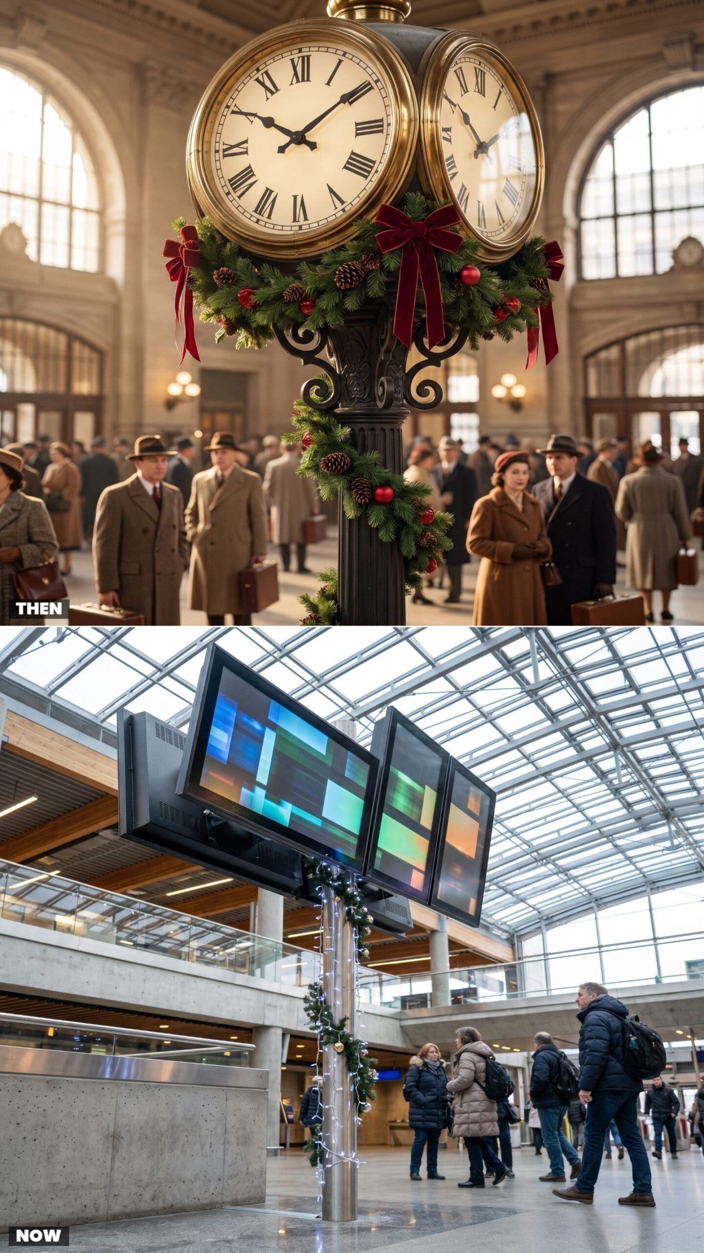 Garland-Draped Concourse Clocks vs. Digital Holiday Displays