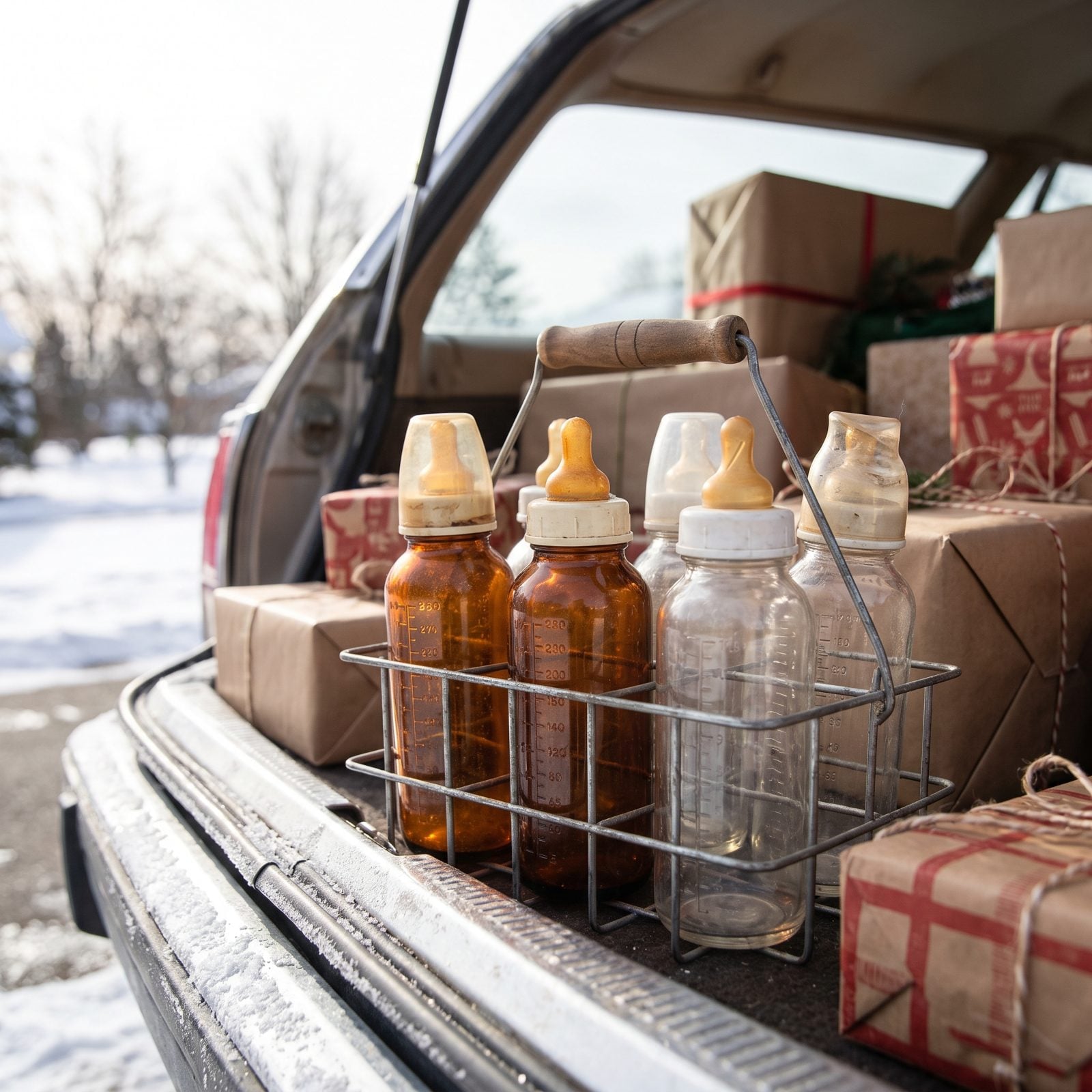 Glass Baby Bottles Clinking in a Wire Carrier