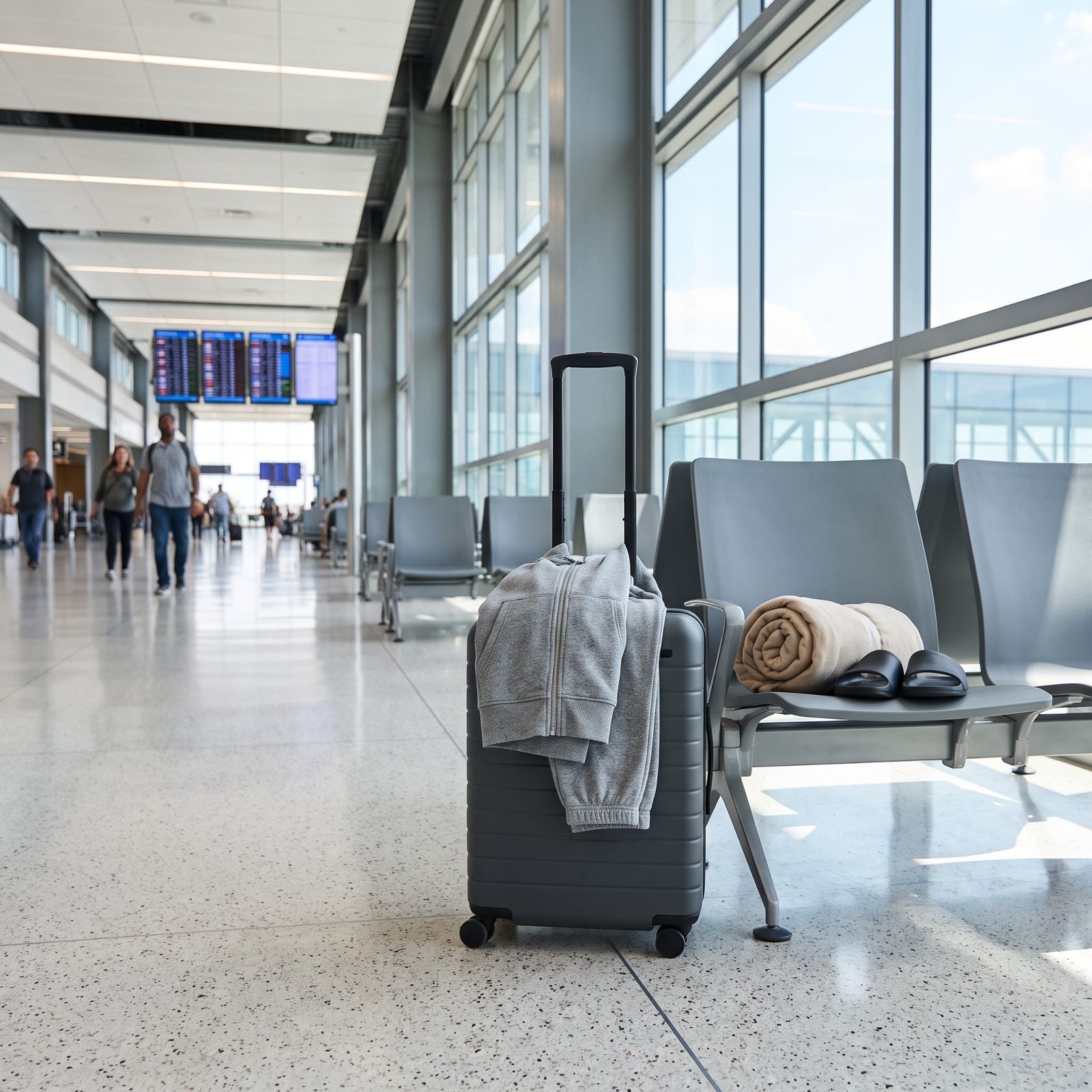 Airport terminal with a charcoal carry-on beside gray seating and folded gray loungewear draped over the suitcase handle.