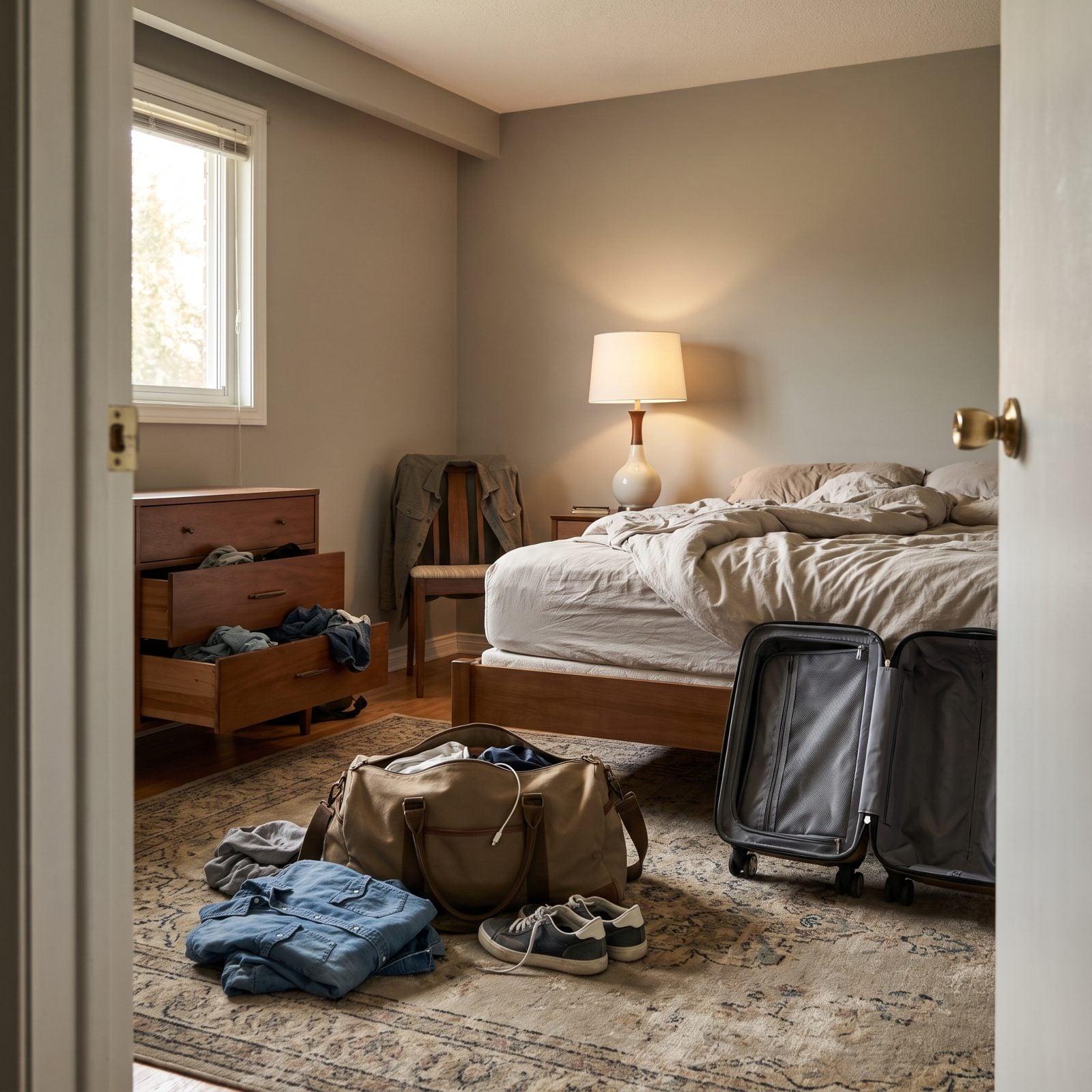 Bedroom with an open duffel bag on the floor, clothes in loose piles around it, and dresser drawers pulled open.