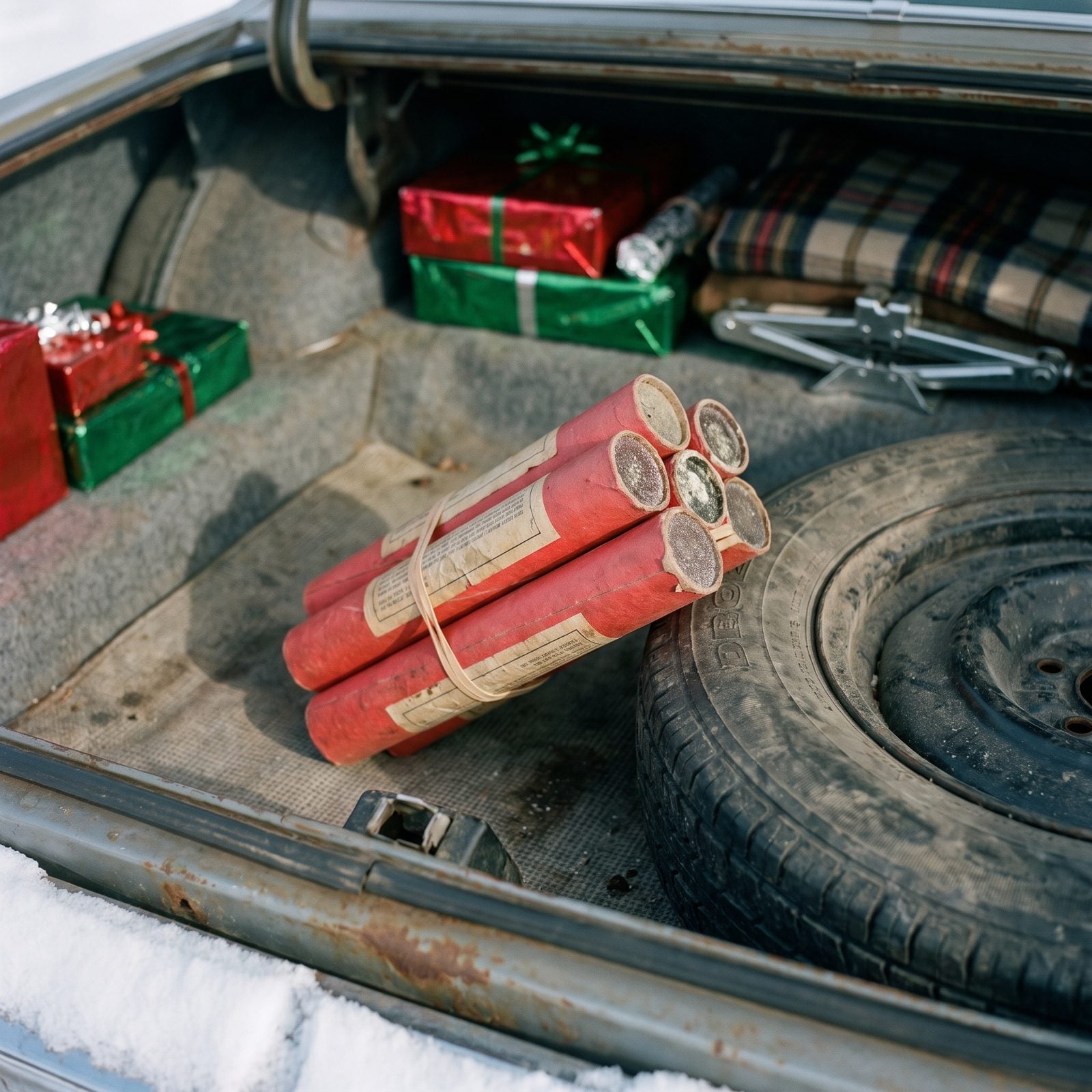 Magnesium Road Flares Rolling Loose by the Spare Tire
