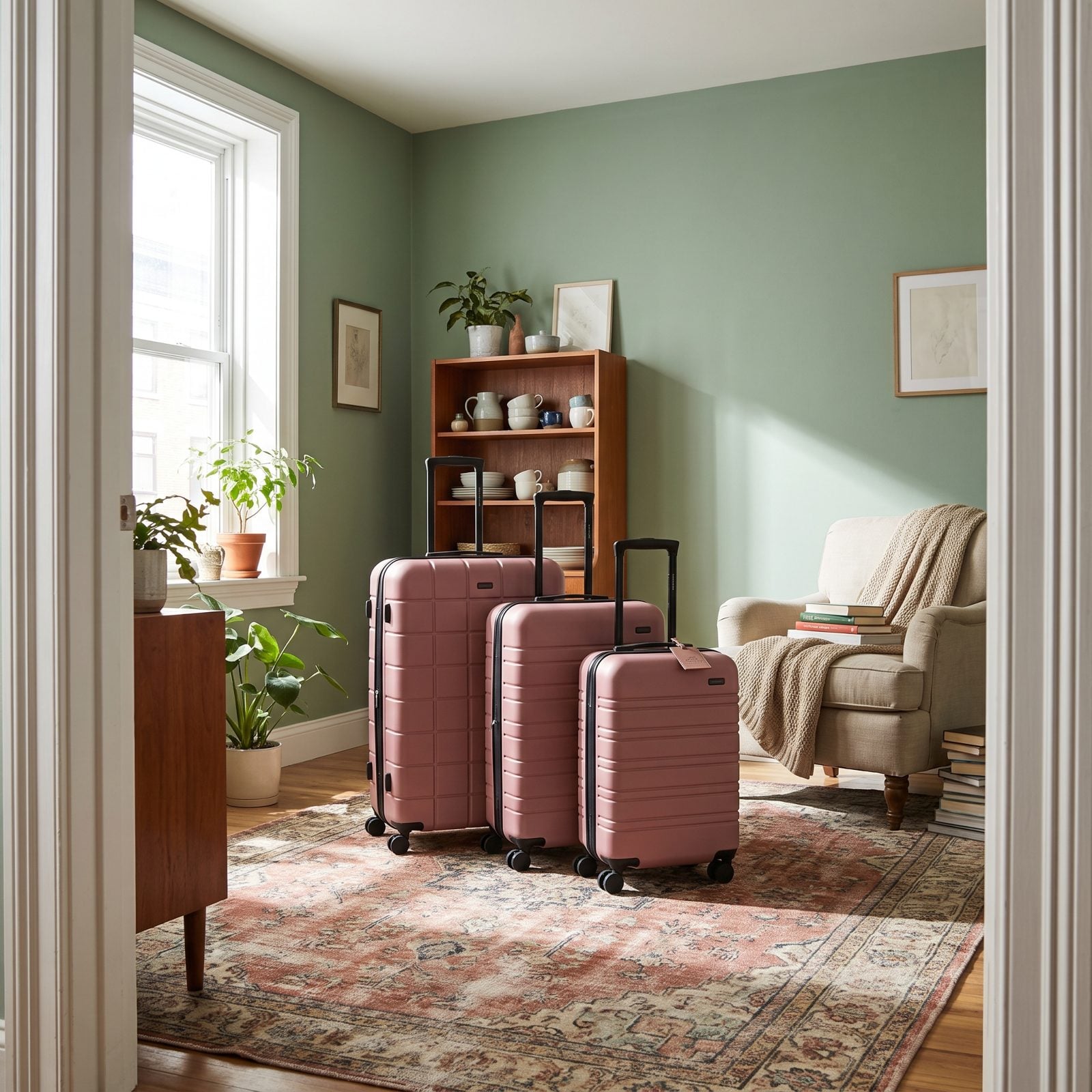 Airport baggage claim with a matching three-piece dusty rose hardshell luggage set standing together beside the carousel.