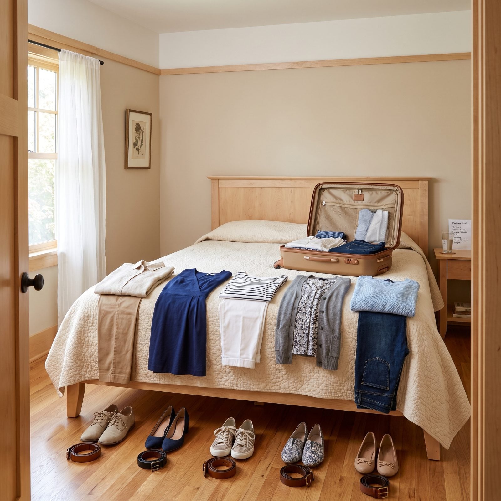 Guest bedroom with five daytime outfits laid in a row on the bed, shoes lined up on the floor below each one, and an open