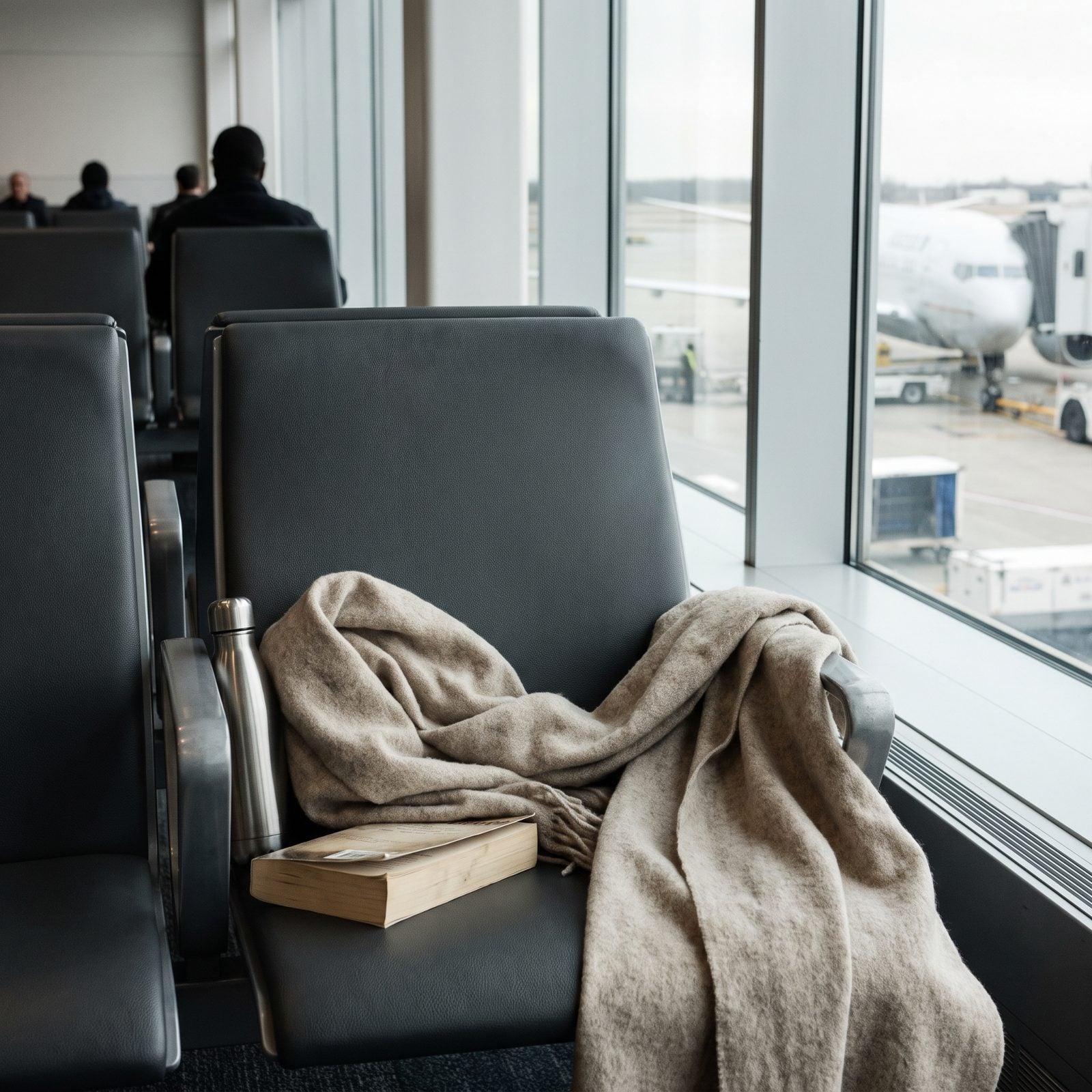 Airport gate seating with a large oatmeal oversized scarf draped over the chair, a paperback and water bottle beside it.