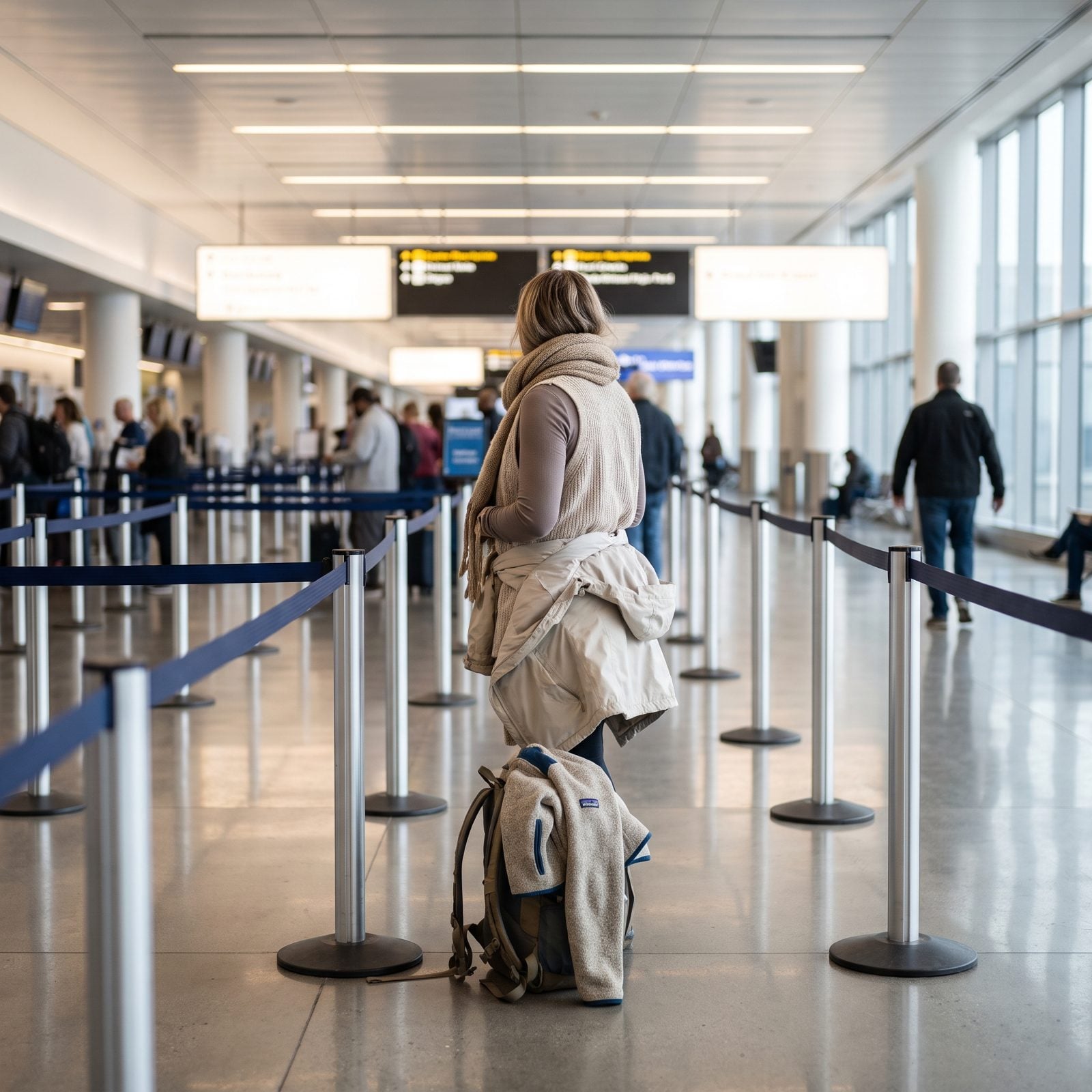 Airport security queue with a distant traveler wearing a cardigan, scarf, and jacket tied at the waist over several layers.