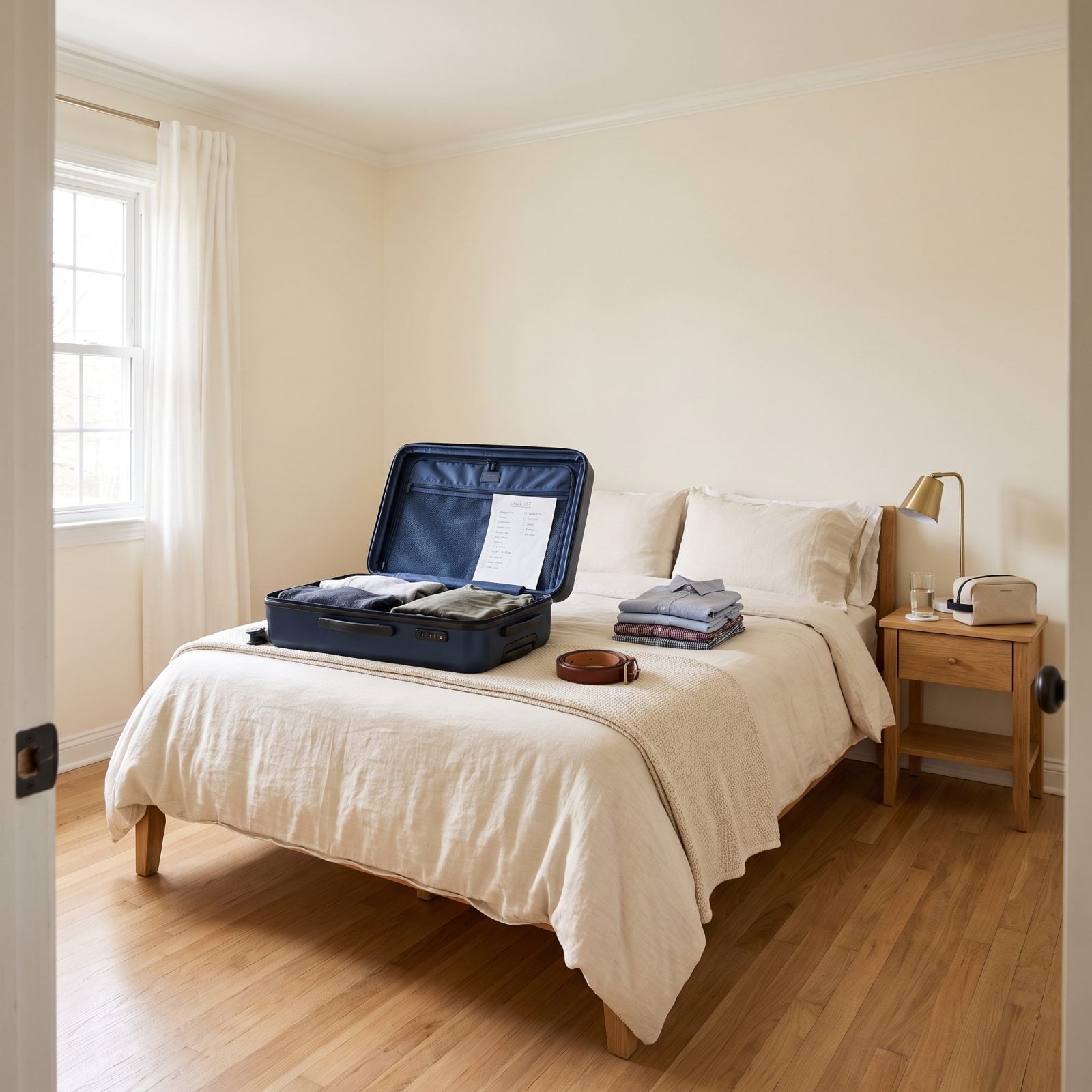 Guest bedroom with an open navy suitcase half-packed on the bed and a handwritten checklist on the lid.