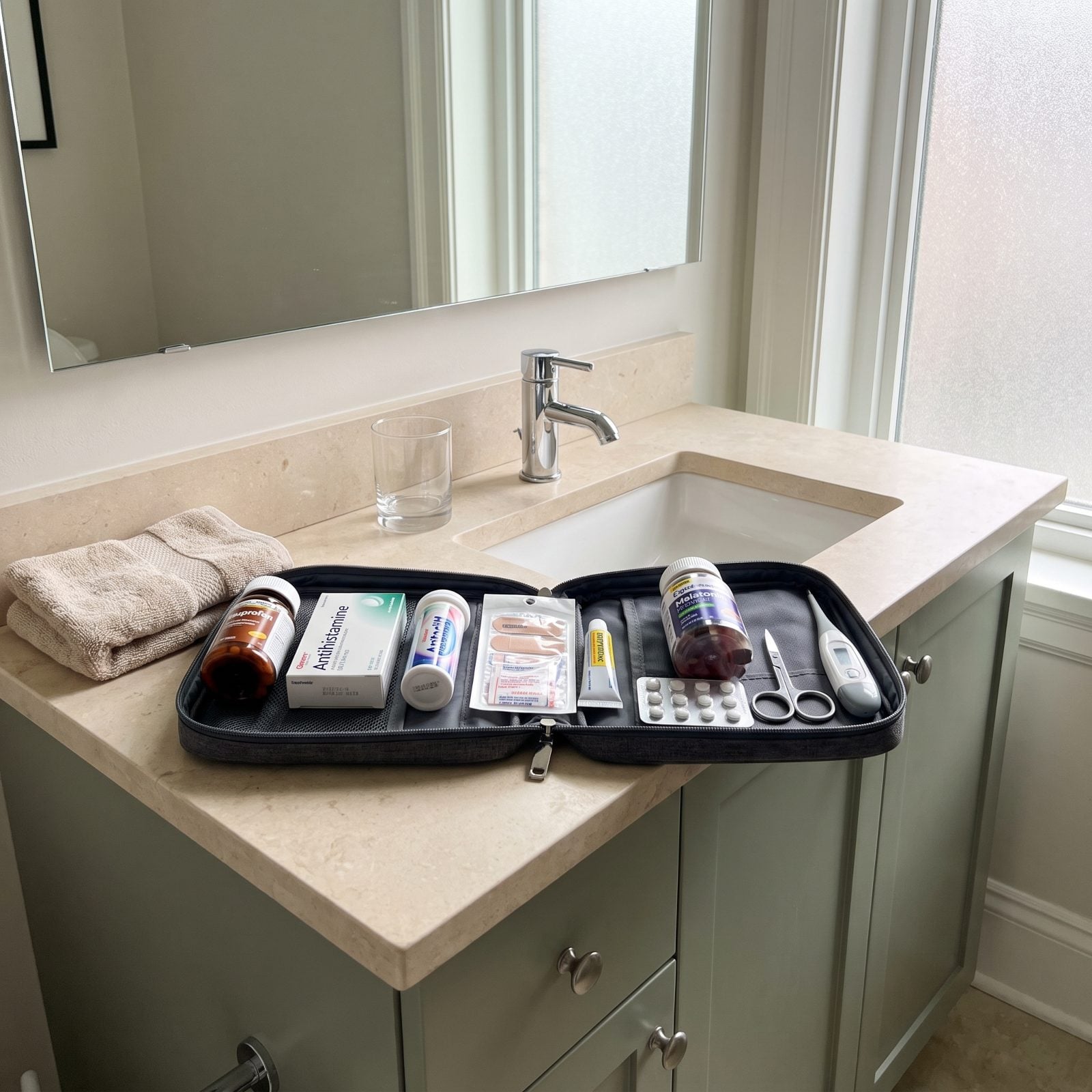 Bathroom vanity with an open toiletry bag laid out flat showing pain relievers, antihistamine, bandages, motion-sickness