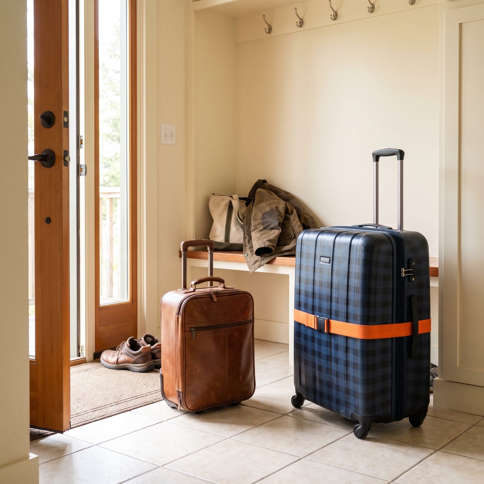 Entryway with a small compact carry-on on the left and a large expanded checked suitcase with a strap on the right, standing