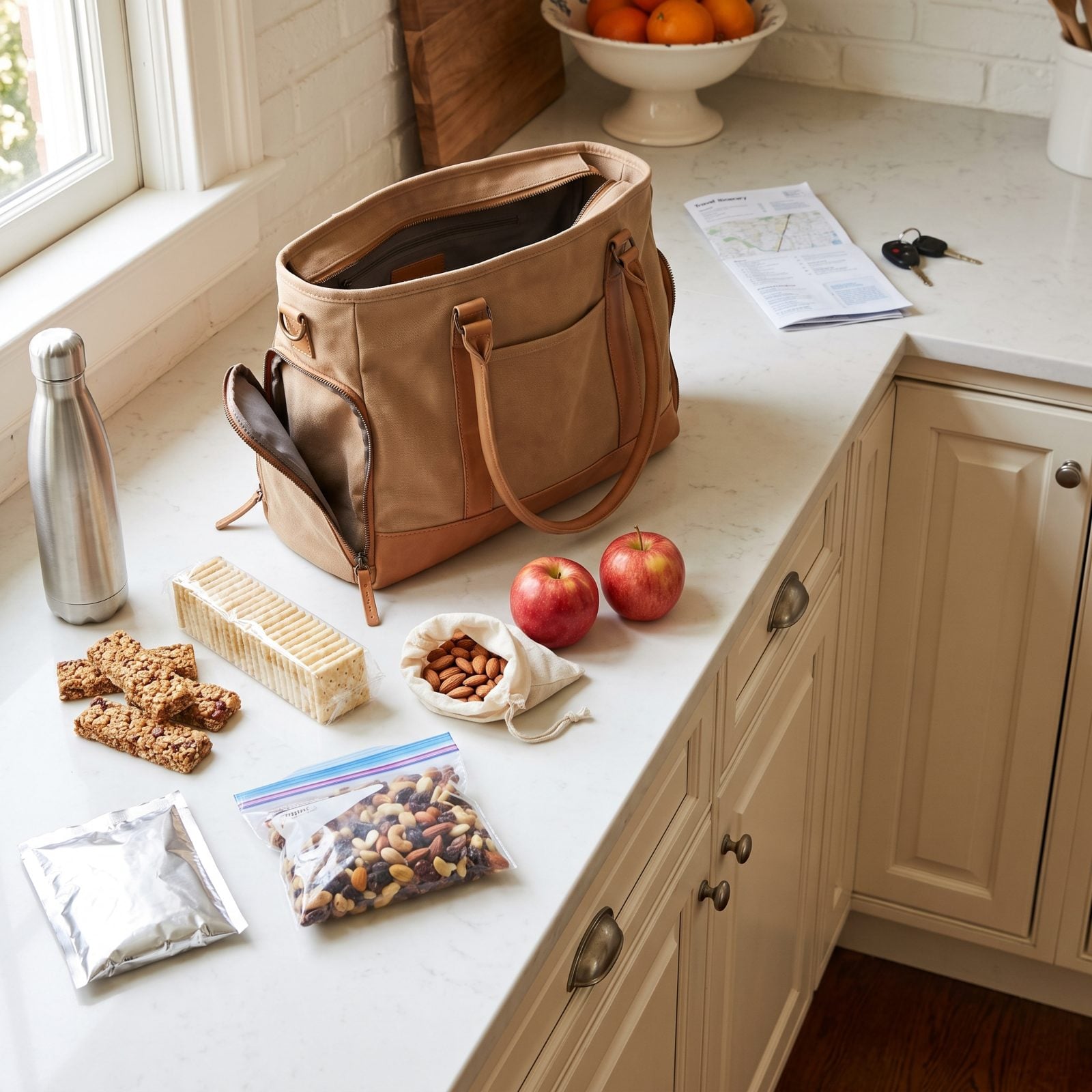 Kitchen counter with an open carry-on tote beside granola bars, crackers, almonds, two apples, and trail mix laid out to be