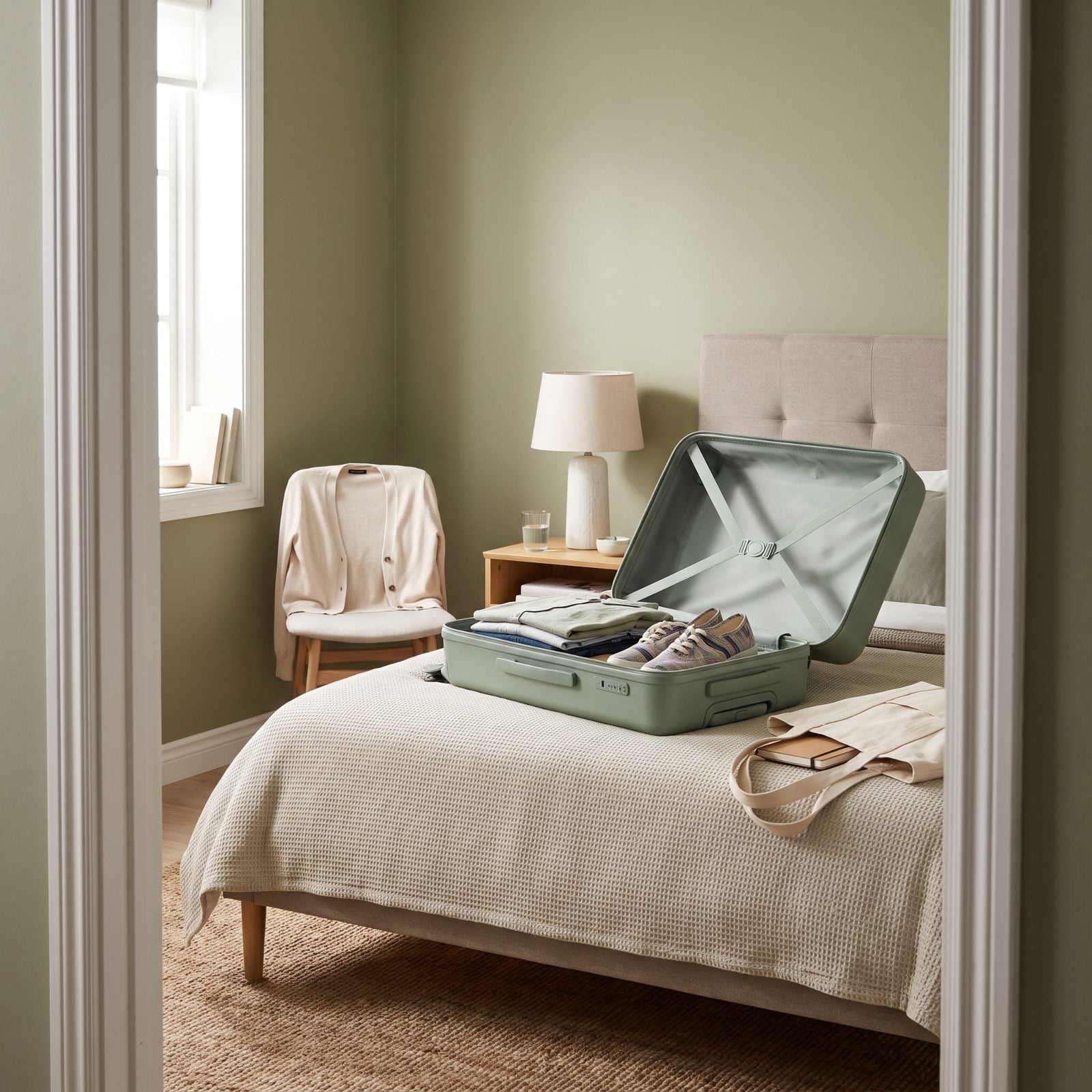 Bedroom with an open sage-green suitcase, one side folded clothes and the other side left empty.