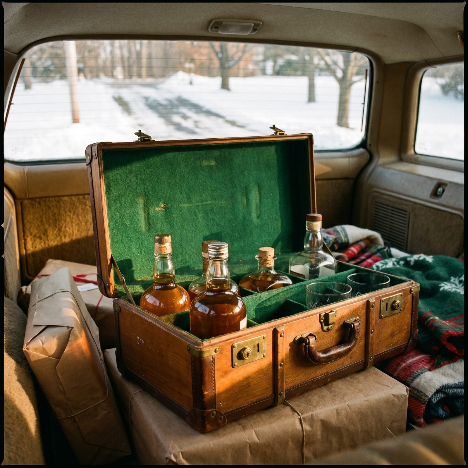A Traveling Liquor Case Filled With Glass Bottles