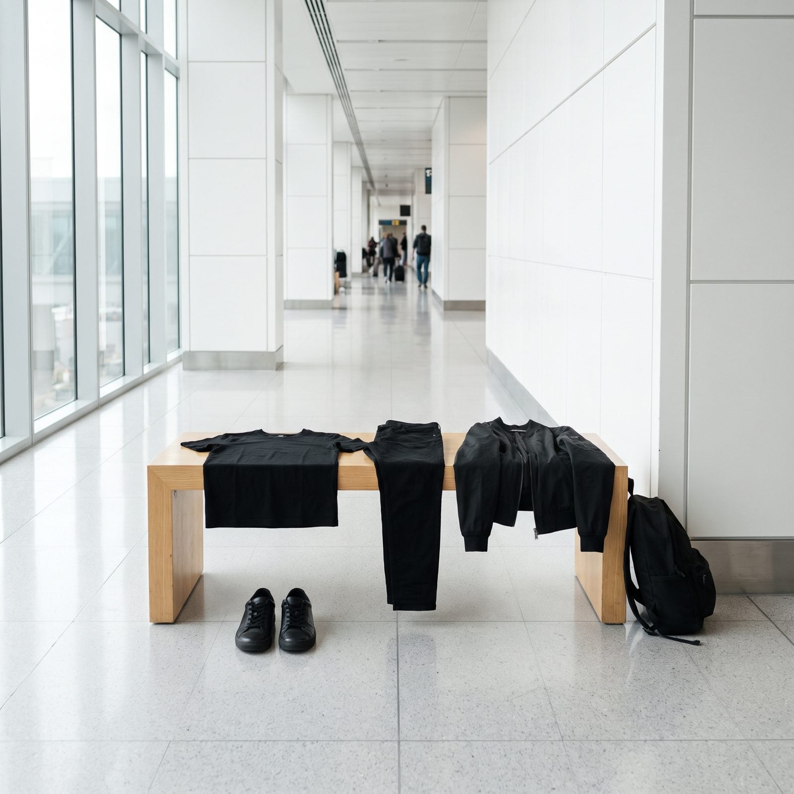 Airport corridor with an all-black outfit laid across a bench and a black backpack leaning at the end.