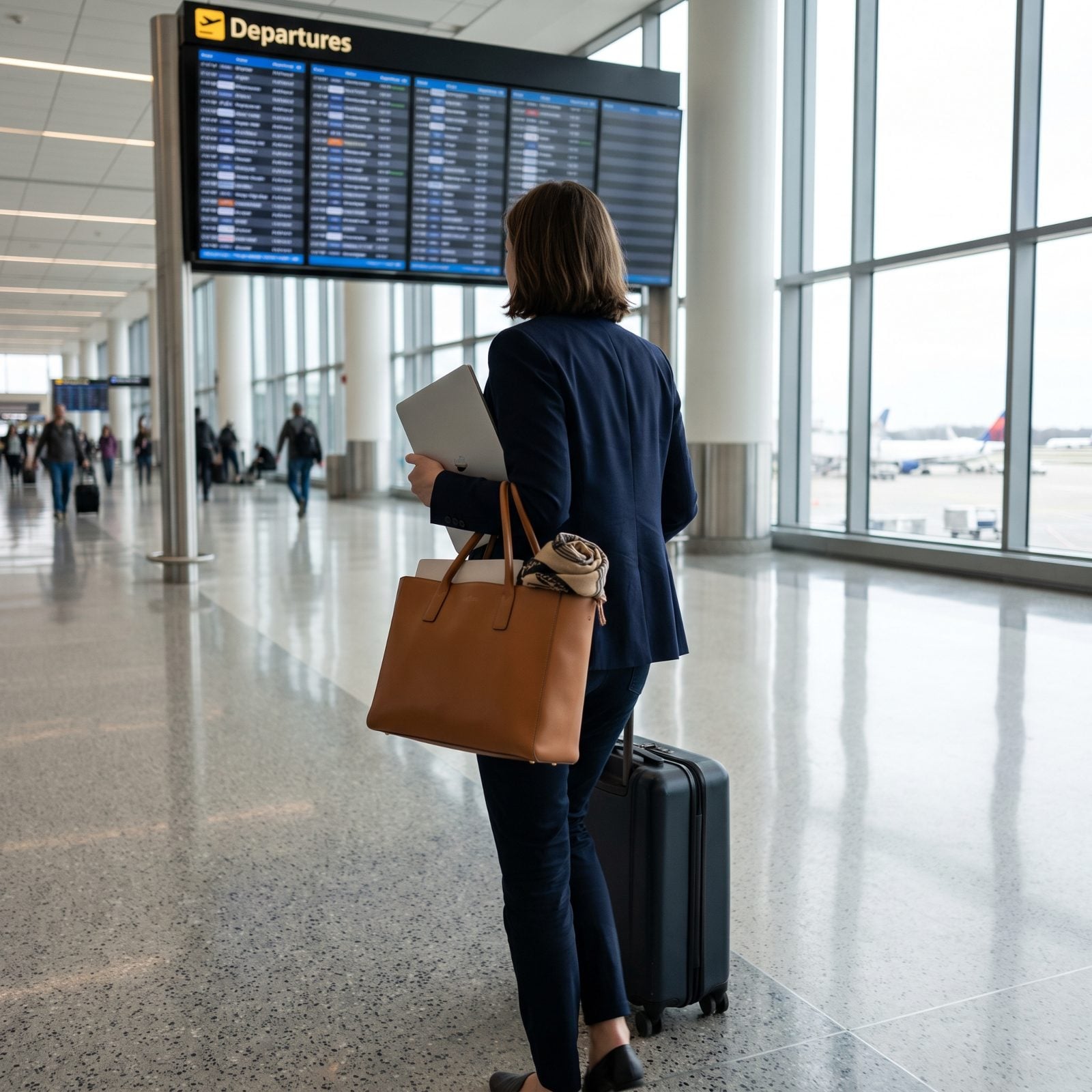 Airport terminal with a distant traveler carrying a structured leather tote in the crook of the arm beside a wheeled