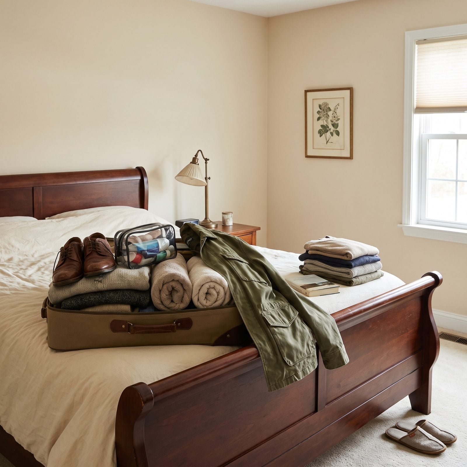 Master bedroom with a large full suitcase on the bed and an extra pile of backup clothes beside it.