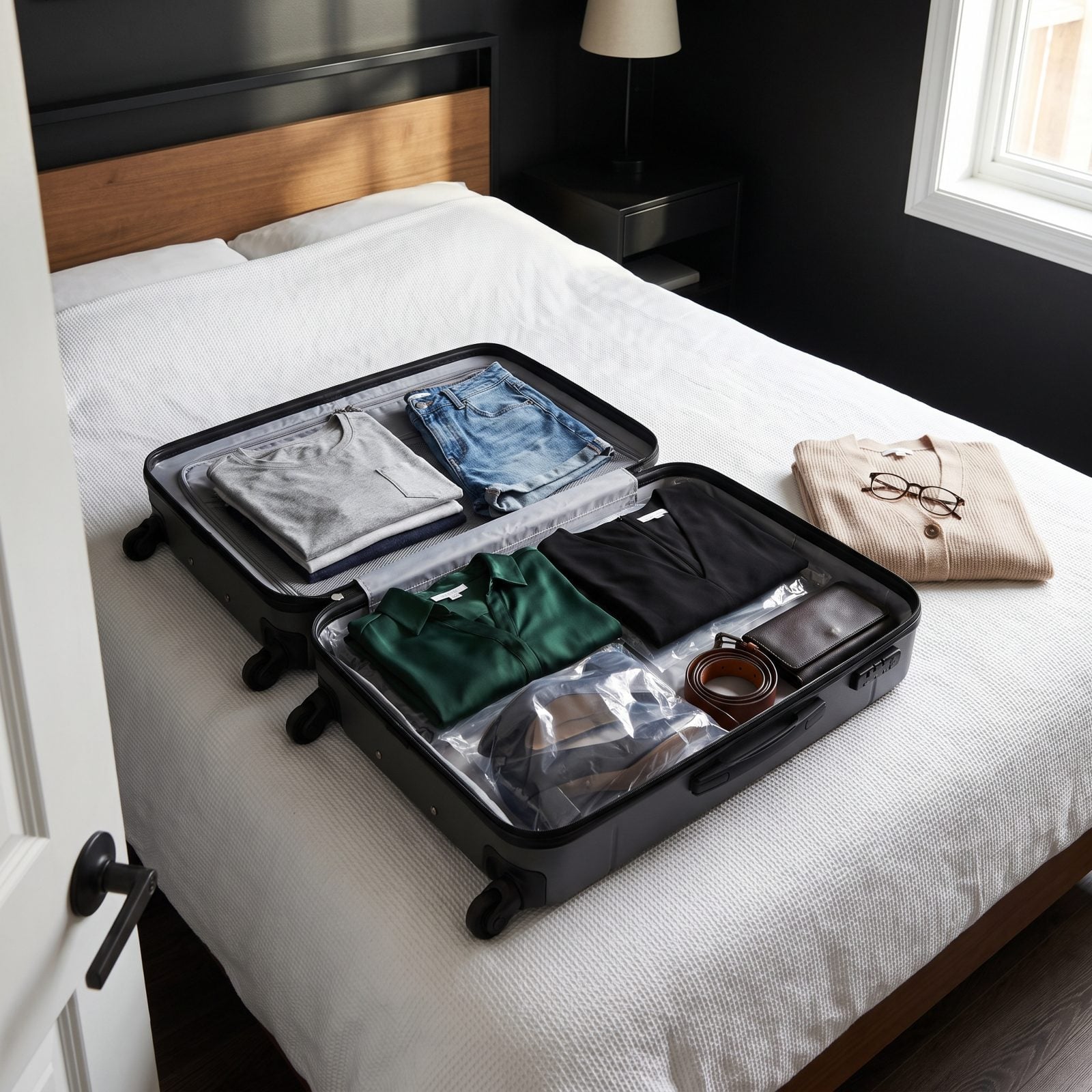 Open suitcase on a bed with everyday tops on top and a folded silk blouse, a black dress, and plastic-wrapped heels layered