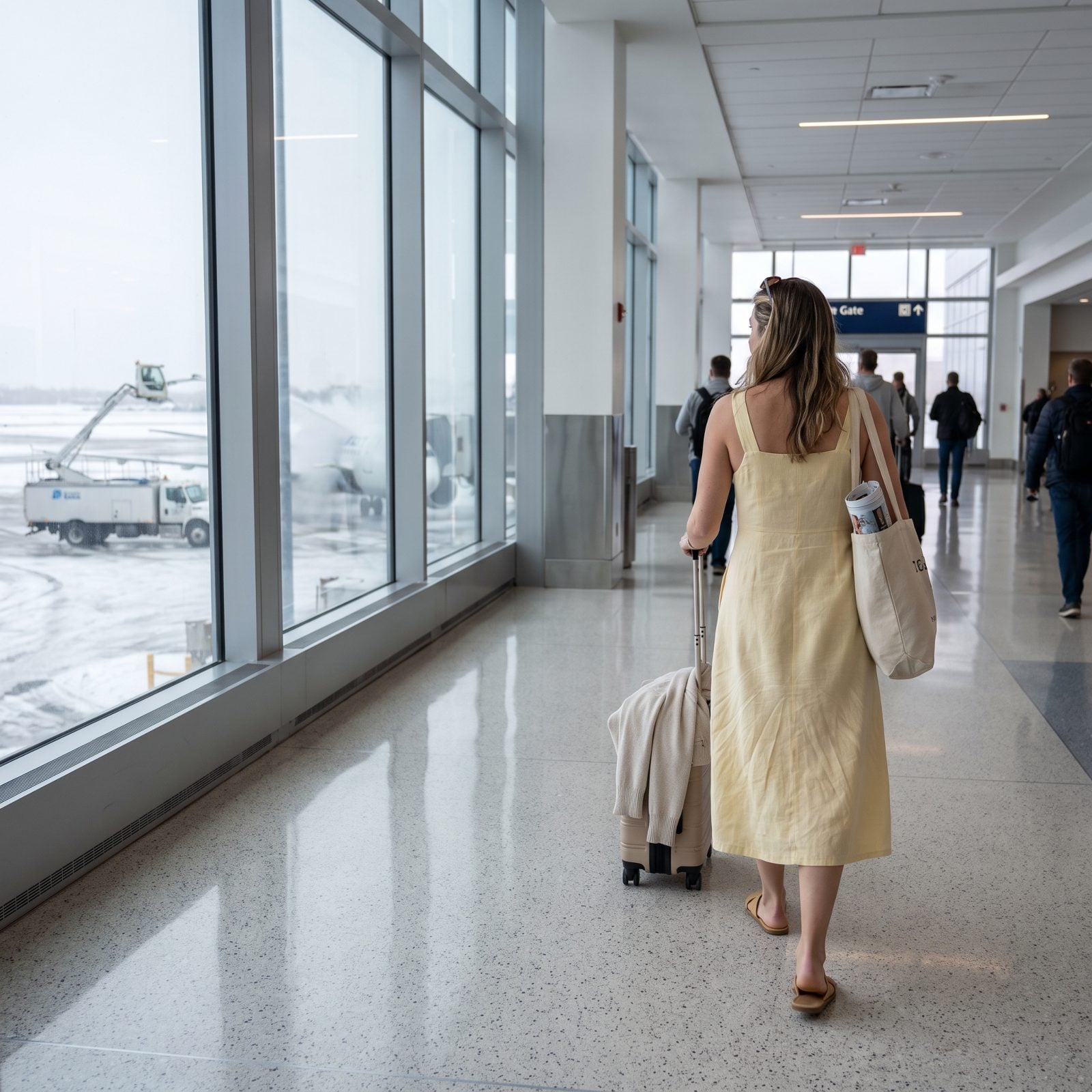 Airport walkway with a distant woman in a summer sundress and sandals walking past windows showing a snowy tarmac.