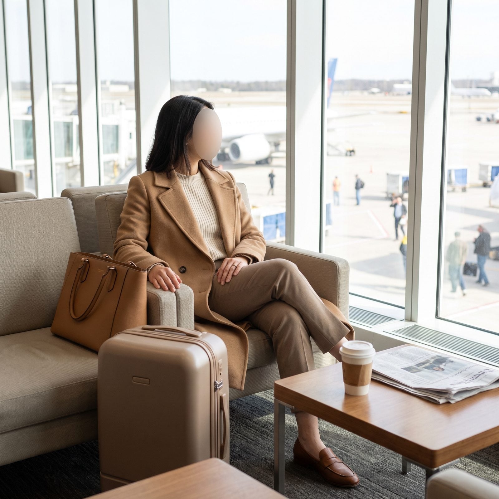 Airport lounge with a distant seated woman in a camel coat and loafers, a structured tote and hard-shell carry-on beside her.