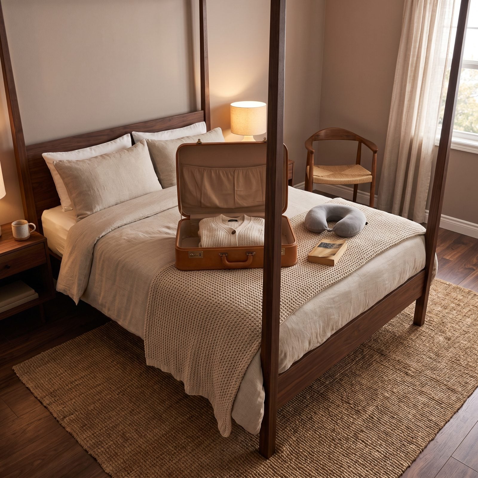 Bedroom with an almost-empty suitcase holding a single folded cardigan placed first in the base.