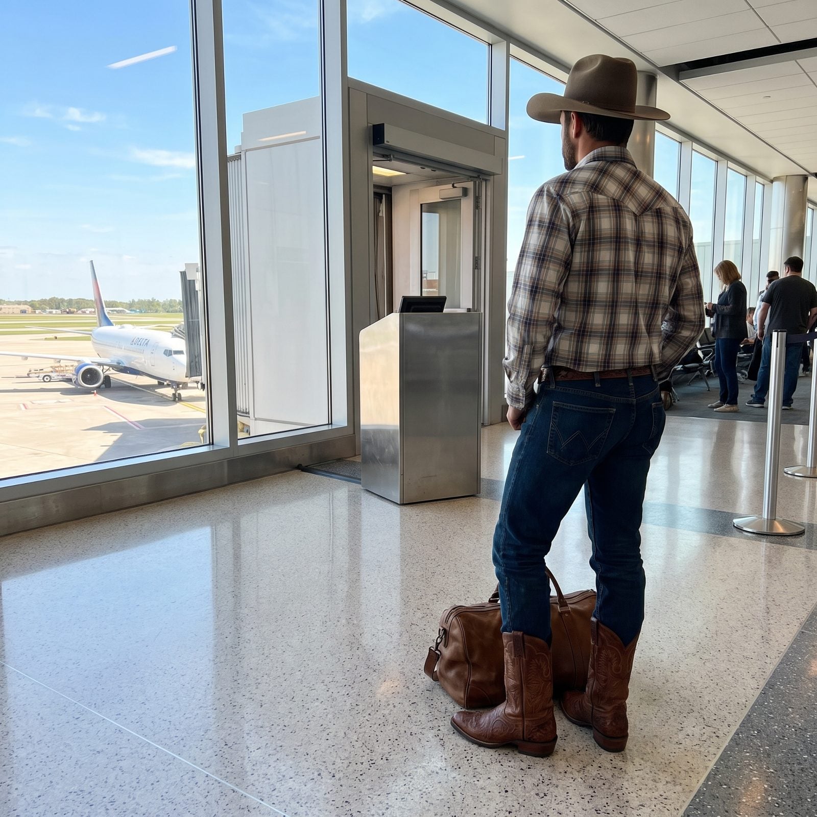 Airport boarding gate with a distant traveler in western boots, jeans, and a wide-brim felt hat waiting to board with a