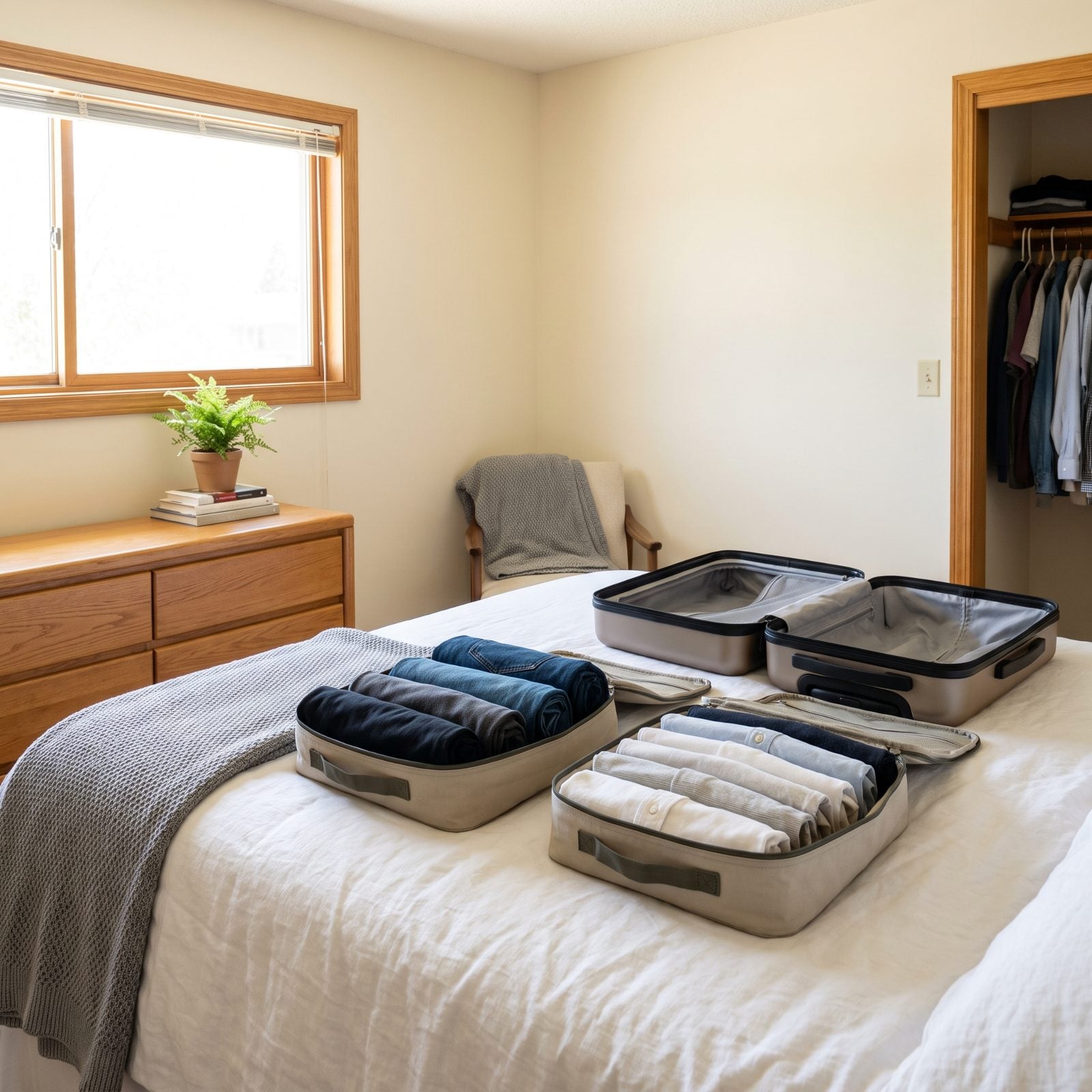 Bedroom bed showing rolled clothes on one side and folded clothes on the other beside an open carry-on.