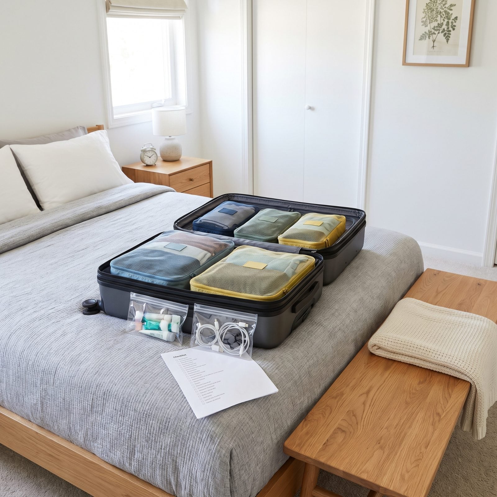 Bedroom with an open suitcase organized into color-coded packing cubes and clear pouches on the bed.