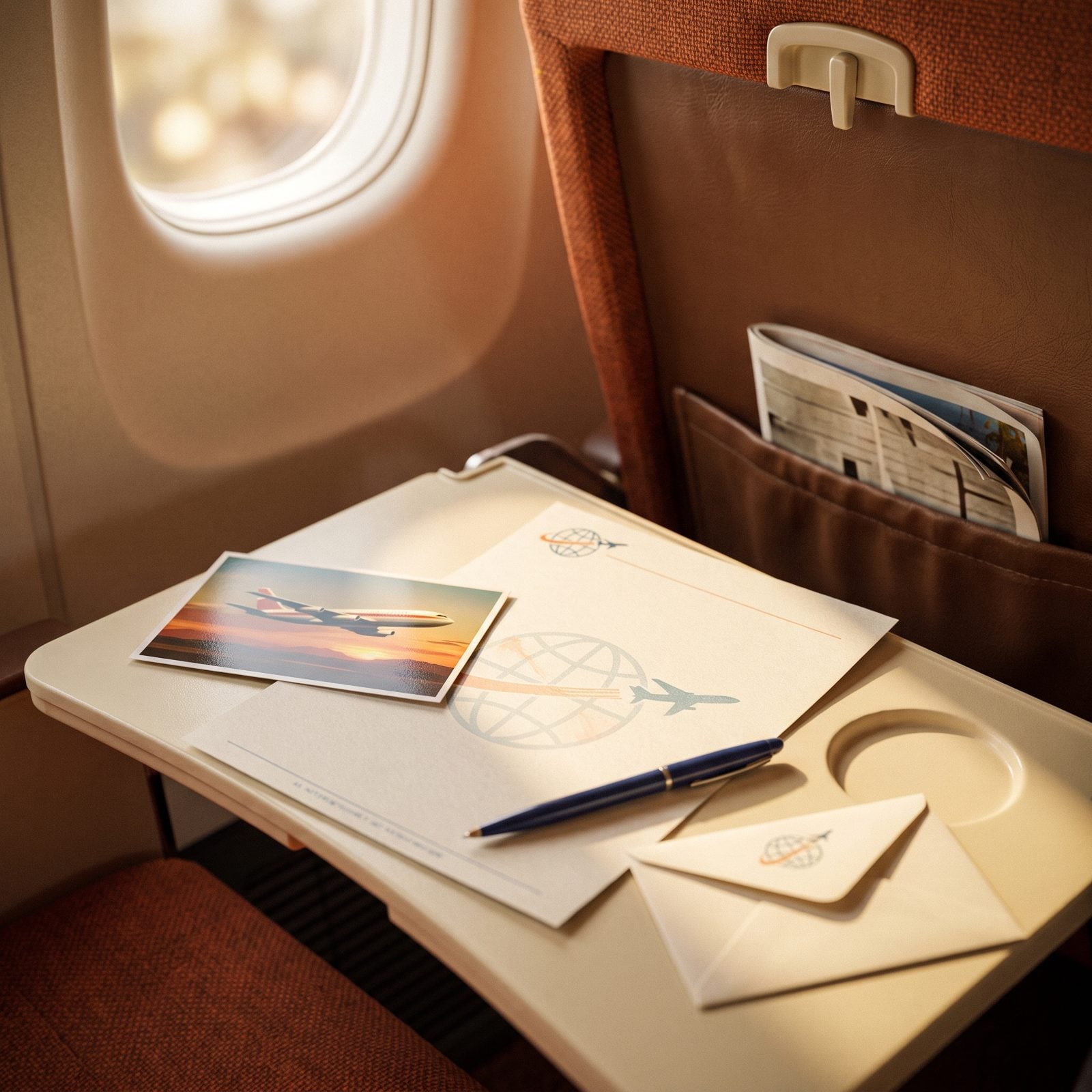 Airline Stationery and Postcards Tucked in the Seat Pocket for Writing in Flight