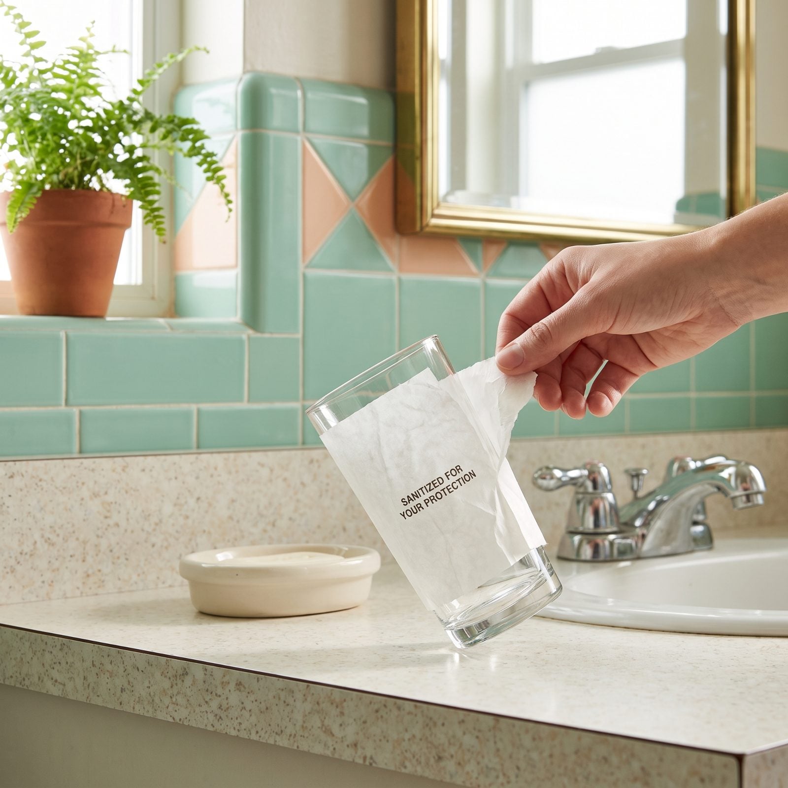 The Bathroom Drinking Glass Sealed in a Little Paper Sleeve