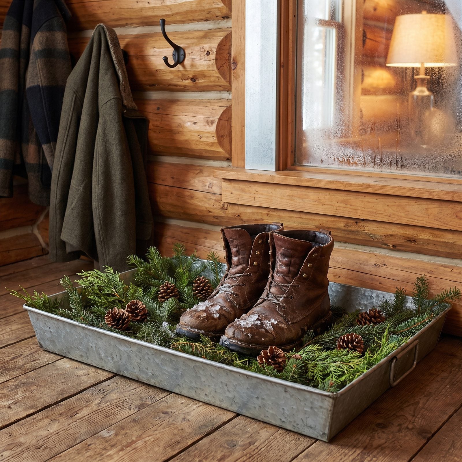 A Boot Tray Filled With Fragrant Evergreen Clippings