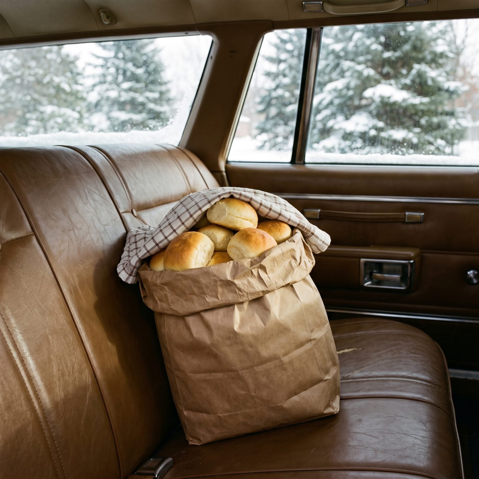 A Brown Paper Grocery Sack of Dinner Rolls on Somebody's Lap