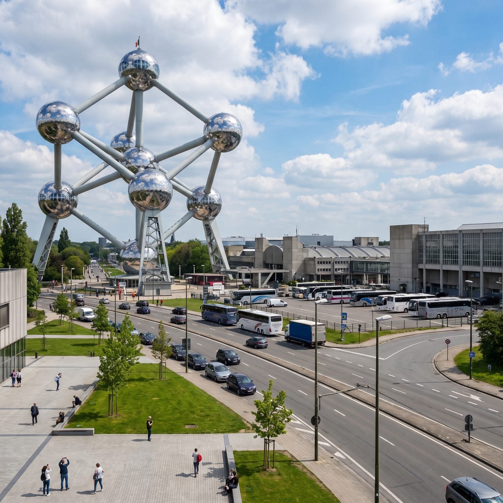 Brussels' Atomium Rises Beside Roads and Exhibition Buildings