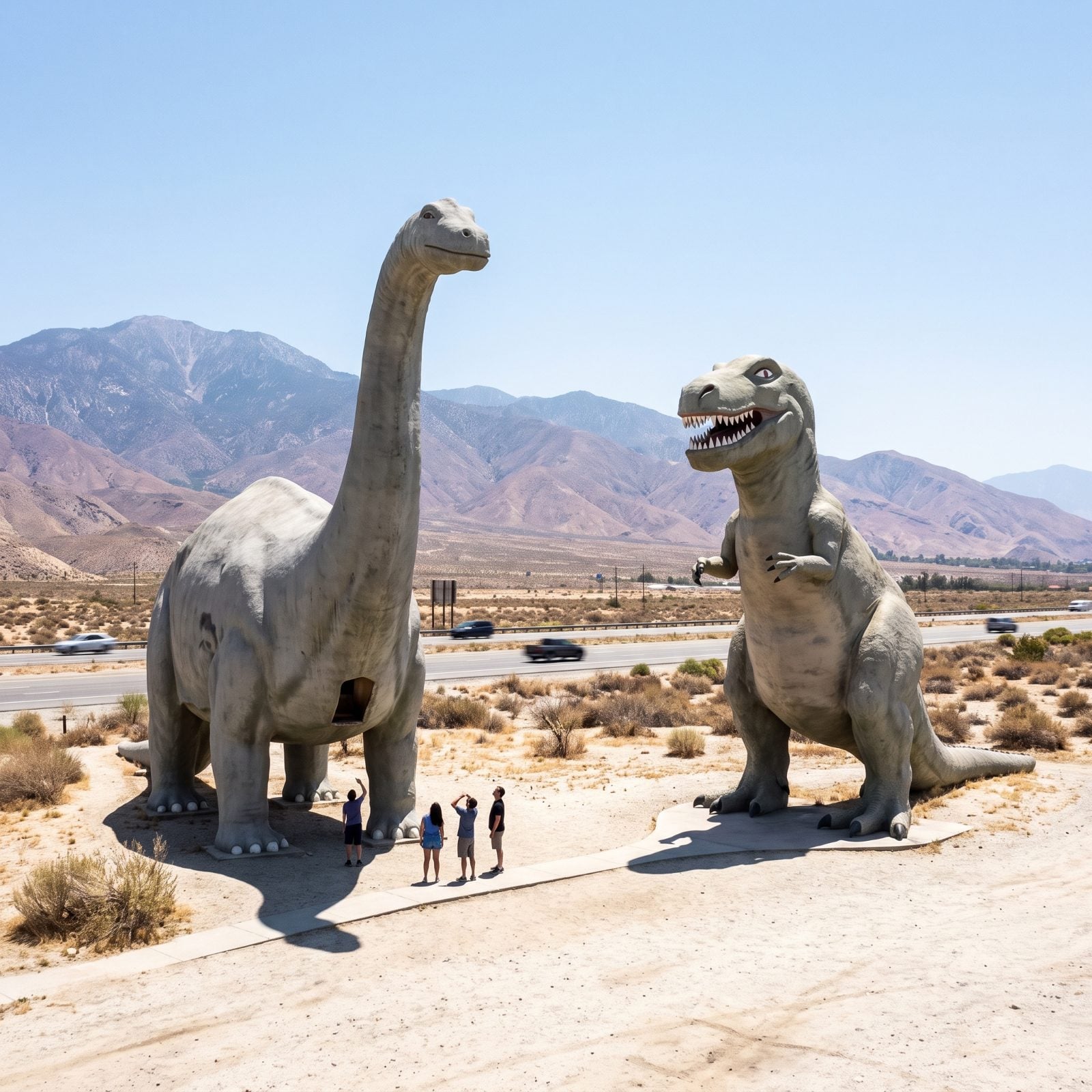 The Cabazon Dinosaurs in California, enormous concrete dinosaurs still looming beside Interstate 10