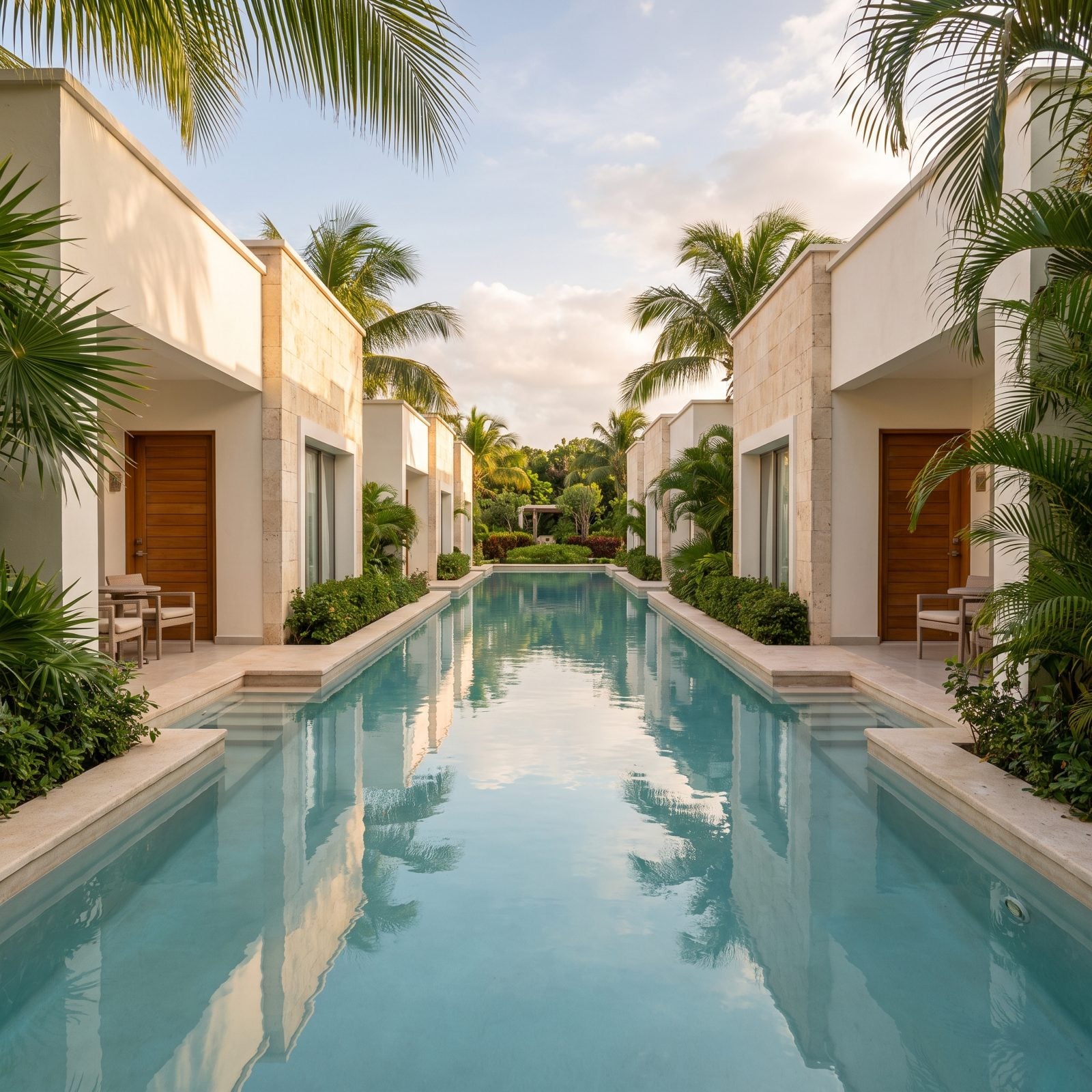 A Canal-Style Pool Linking Separate Guest Villas