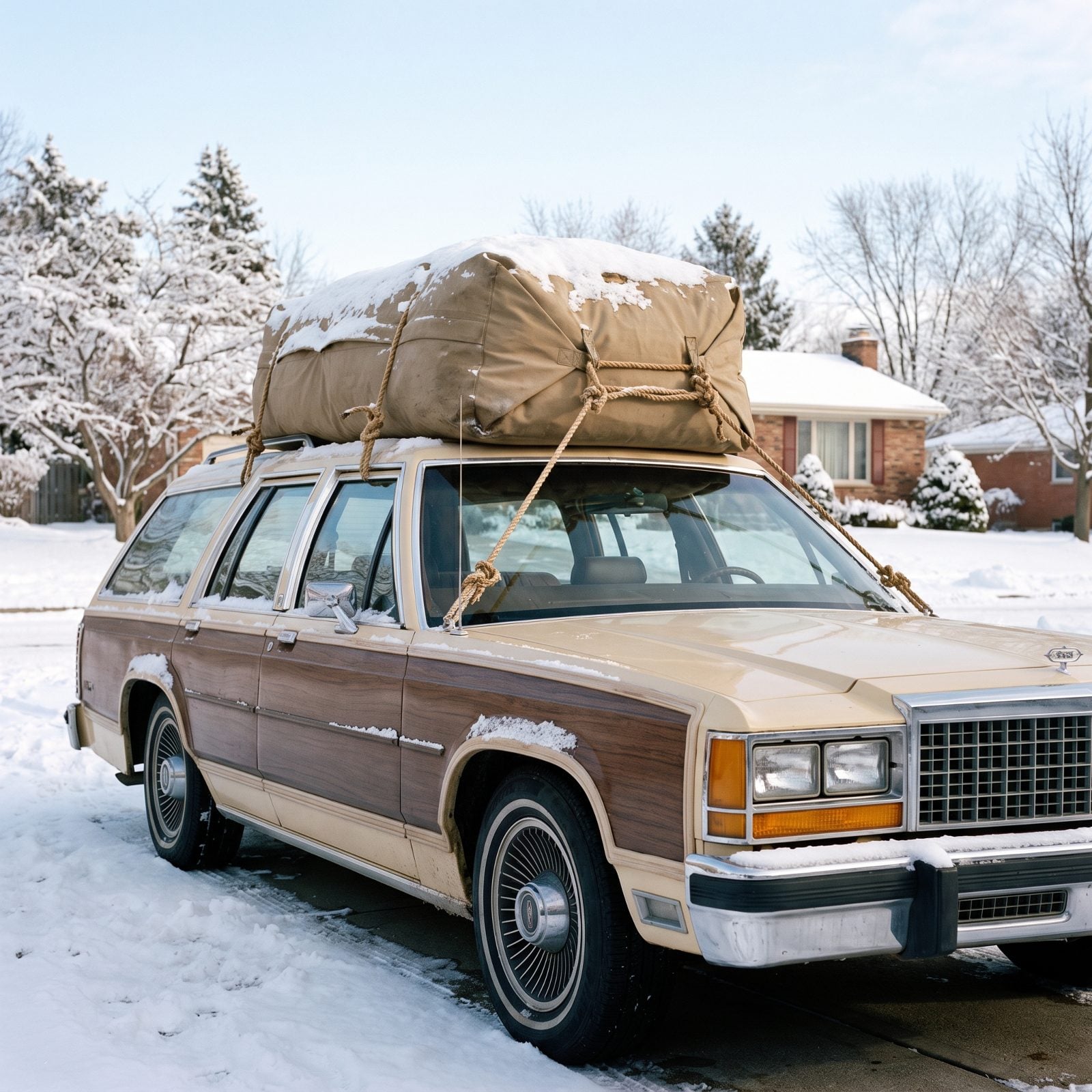 The Canvas Rooftop Carrier Lashed Down With Rope