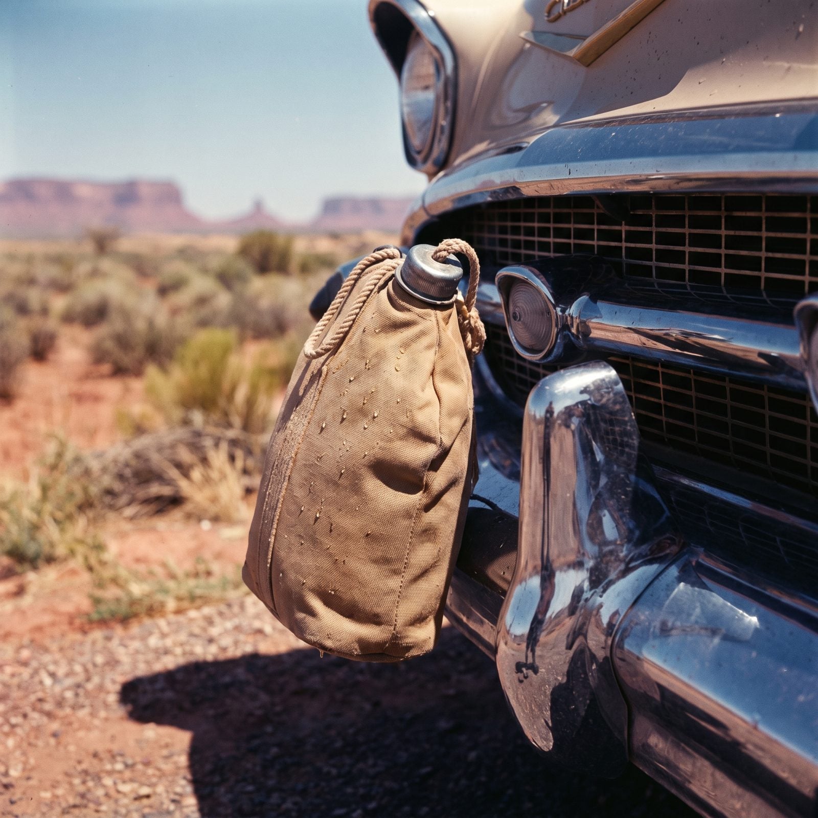 The Canvas Water Bag Swinging From the Bumper