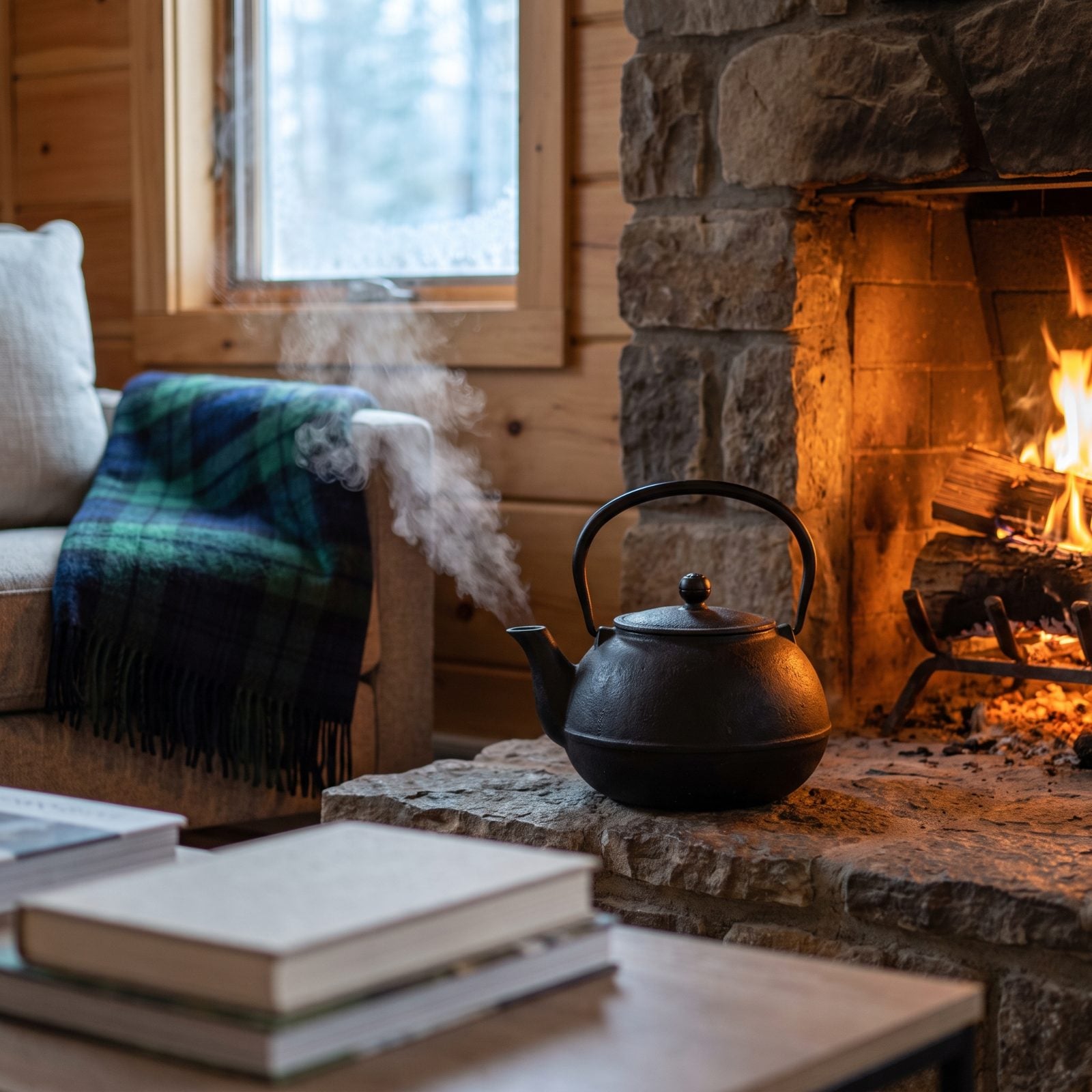 A Cast-Iron Kettle Steaming Near the Fire