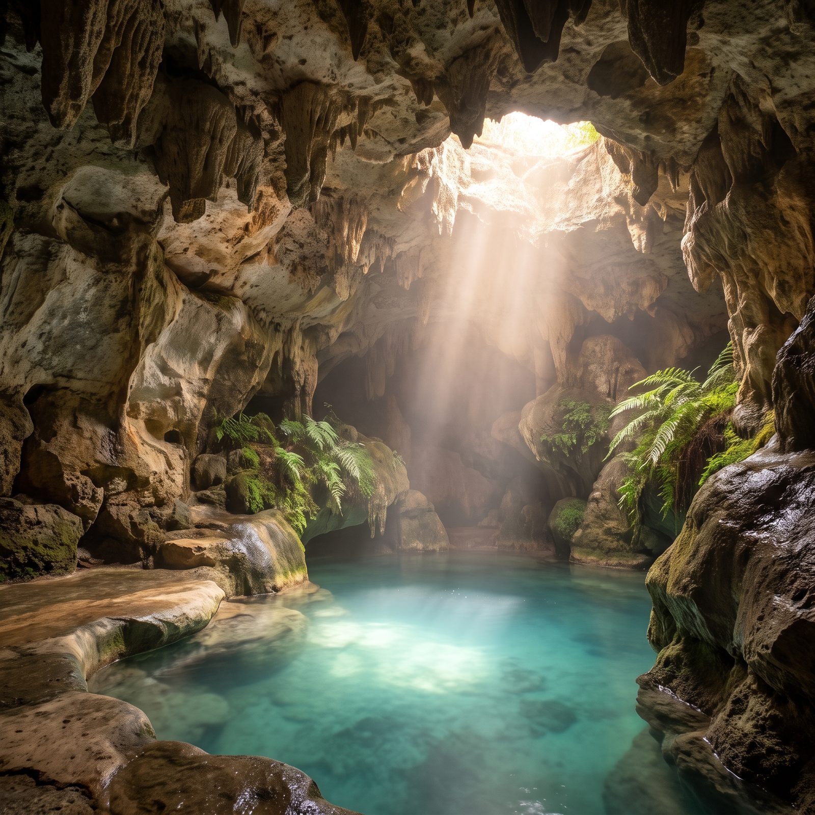 A Cave Pool Lit Through a Natural Opening
