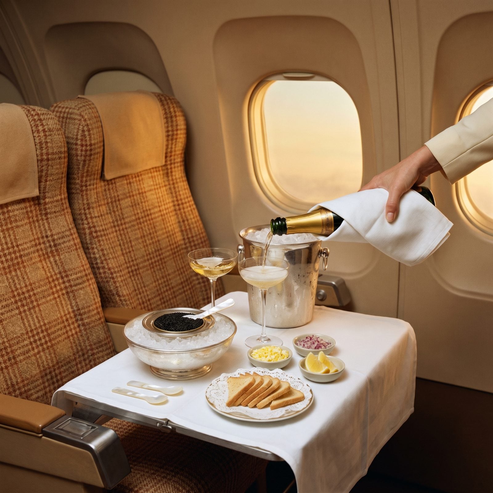 Caviar and Champagne Presented Tableside in First Class