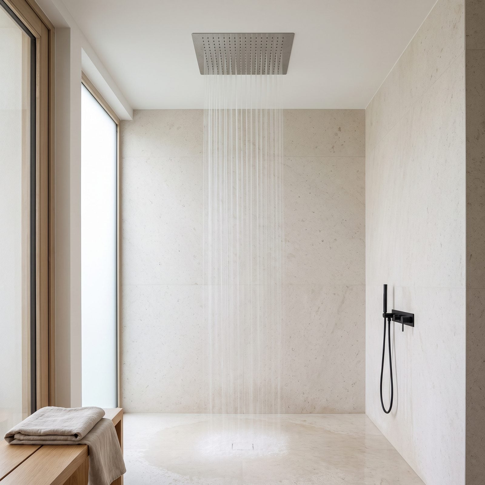 A Ceiling Rain Shower That Clears the Wall Completely