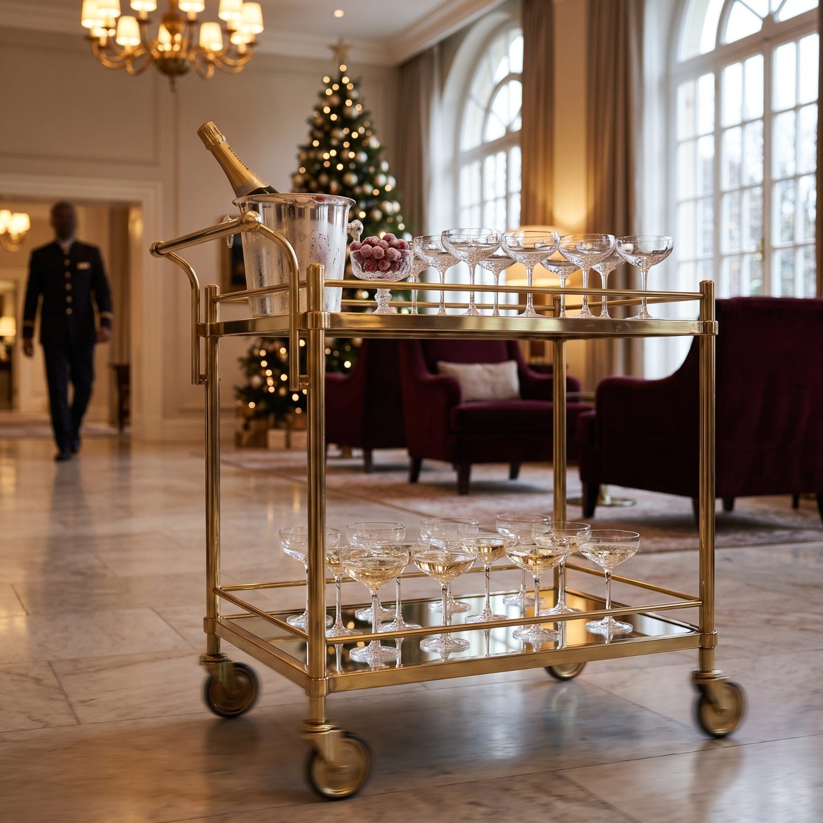 A Champagne Trolley Gliding Through the Arrival Lounge