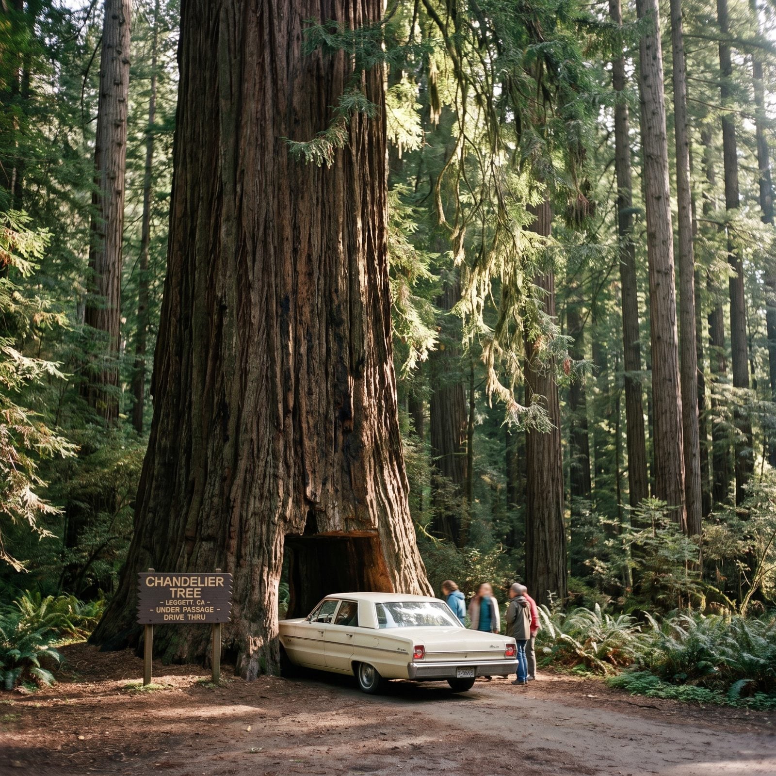 The Chandelier Drive-Thru Tree in Leggett, California, a living redwood with a car-sized passage through its trunk