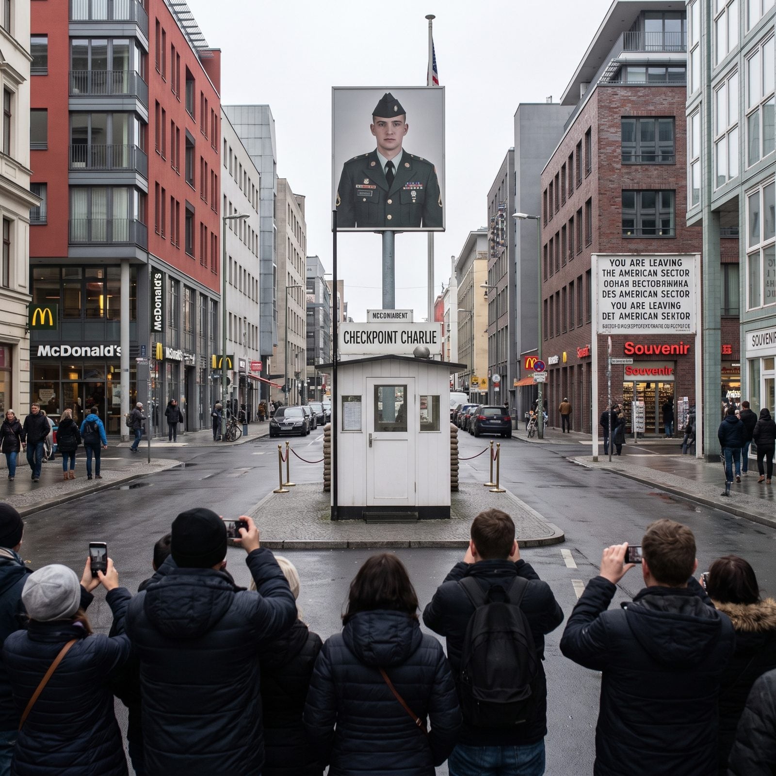 Checkpoint Charlie Is a Reconstruction Surrounded by Shops
