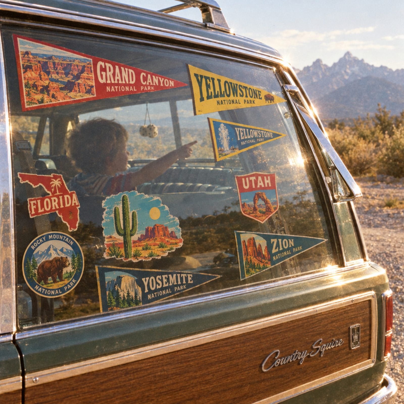 Children Collecting Travel Decals on Car Windows