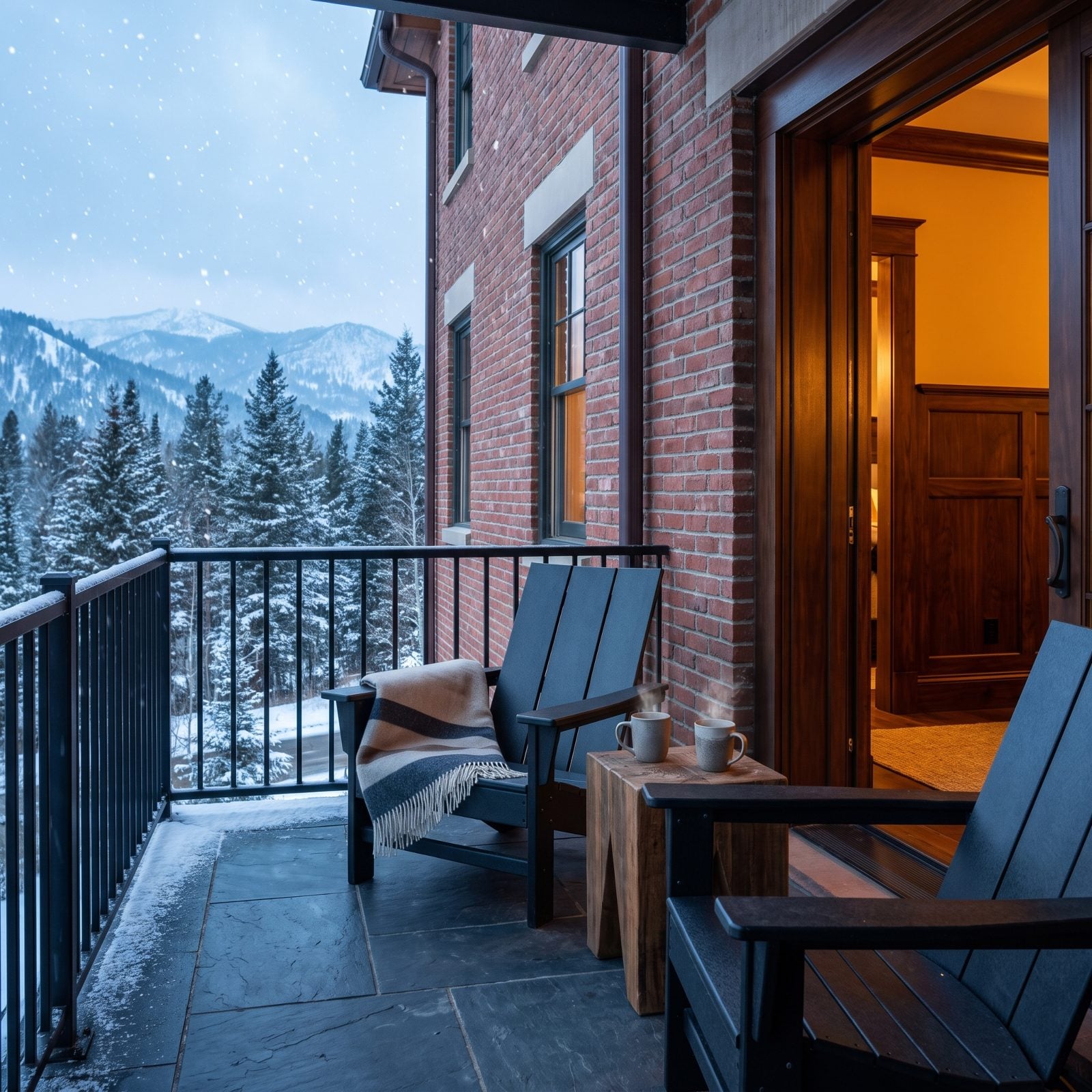 A Cleared Balcony With Weatherproof Blankets for Watching the Snowfall