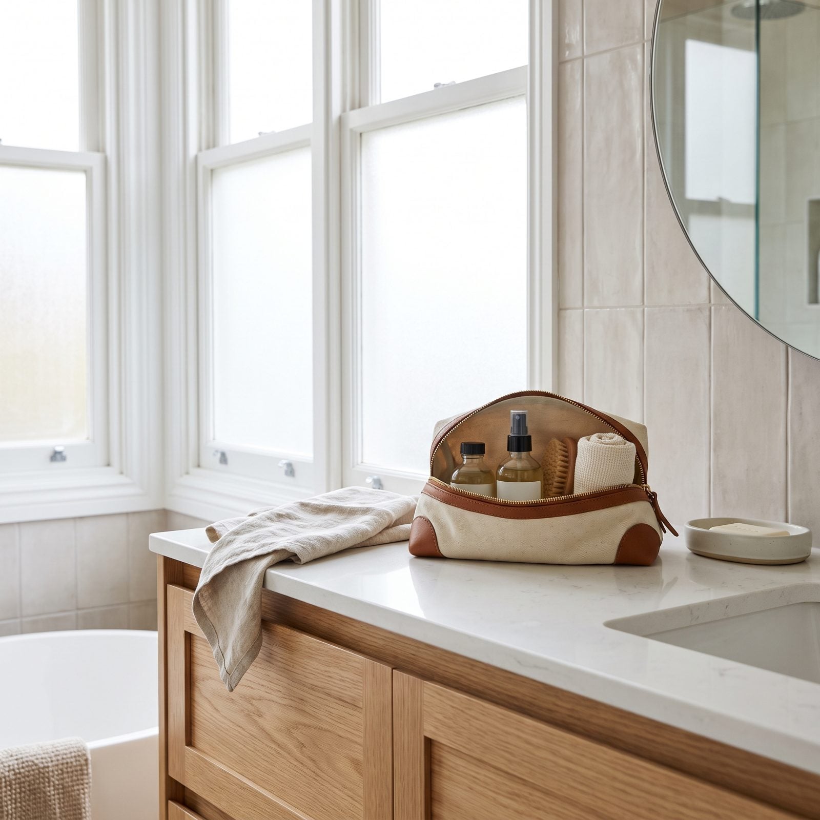 Clearing the Vanity So the Counter Can Actually Be Wiped