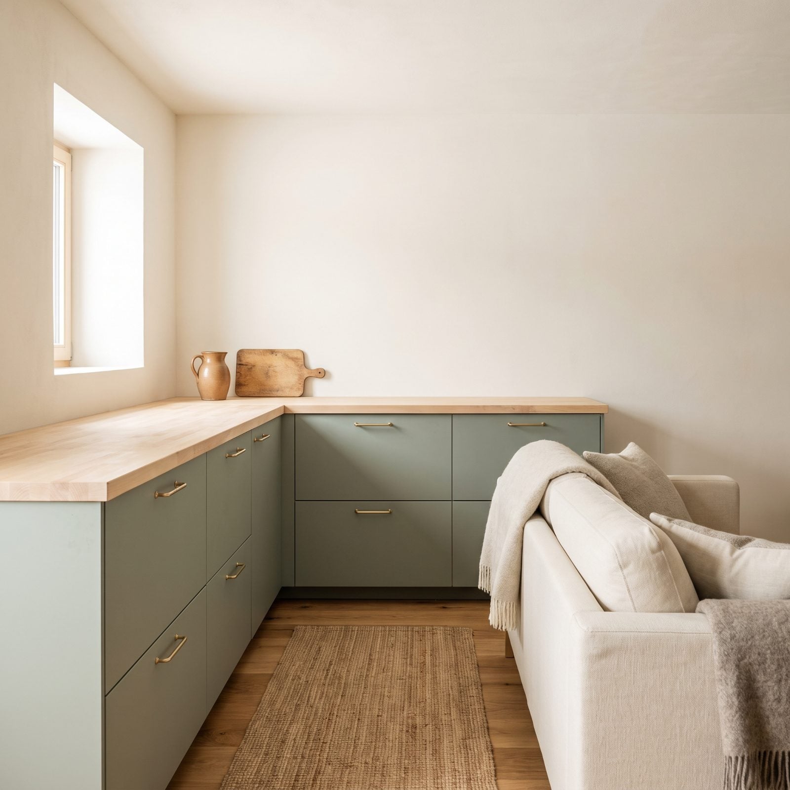 Closed Lower Cabinets Calm the Room's Busy Details