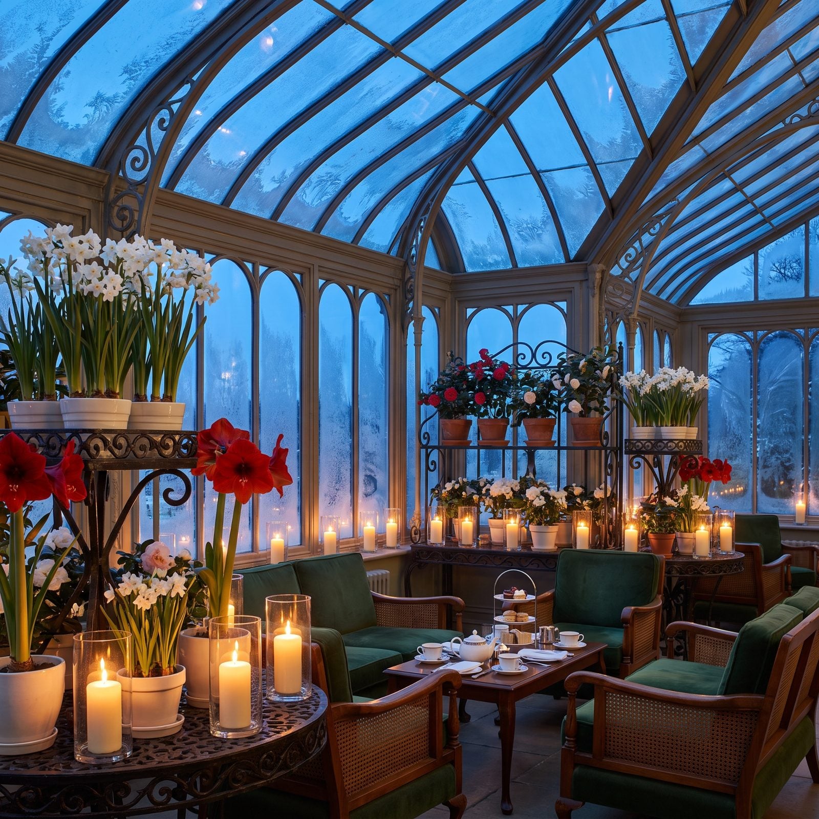 A Conservatory Filled With Winter Plants and Candlelight