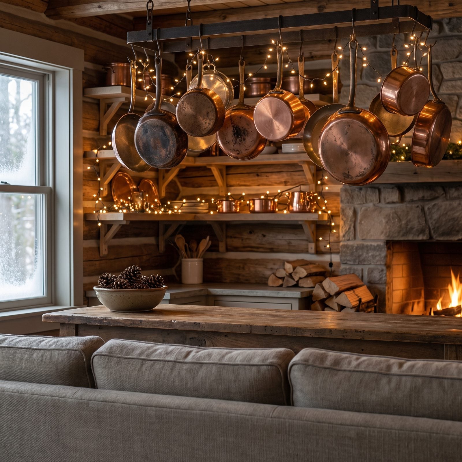 Copper Cookware Catching the Christmas Lights