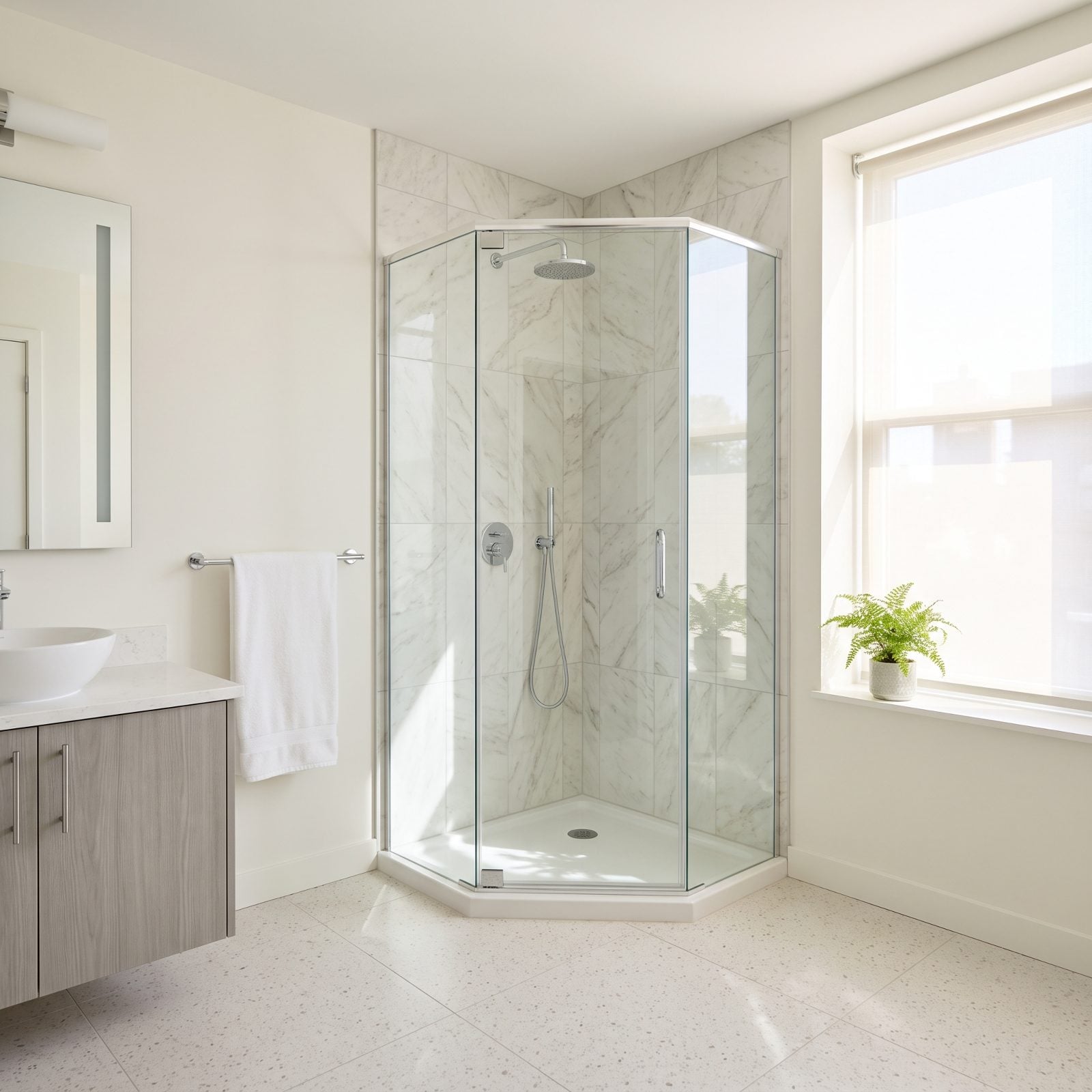 A Corner Shower Clears the Middle of the Floor