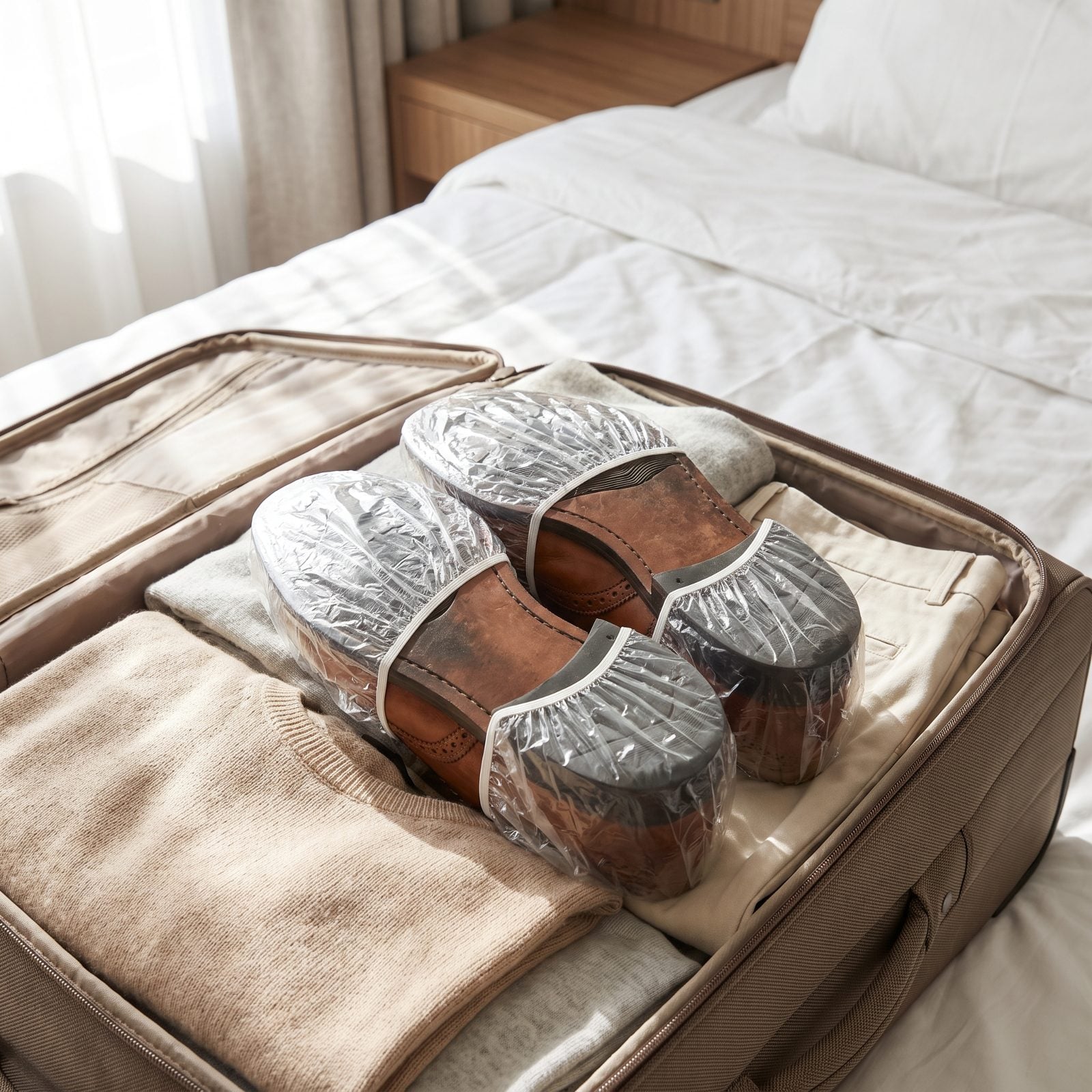 Cover Shoe Soles With Shower Caps Before Packing